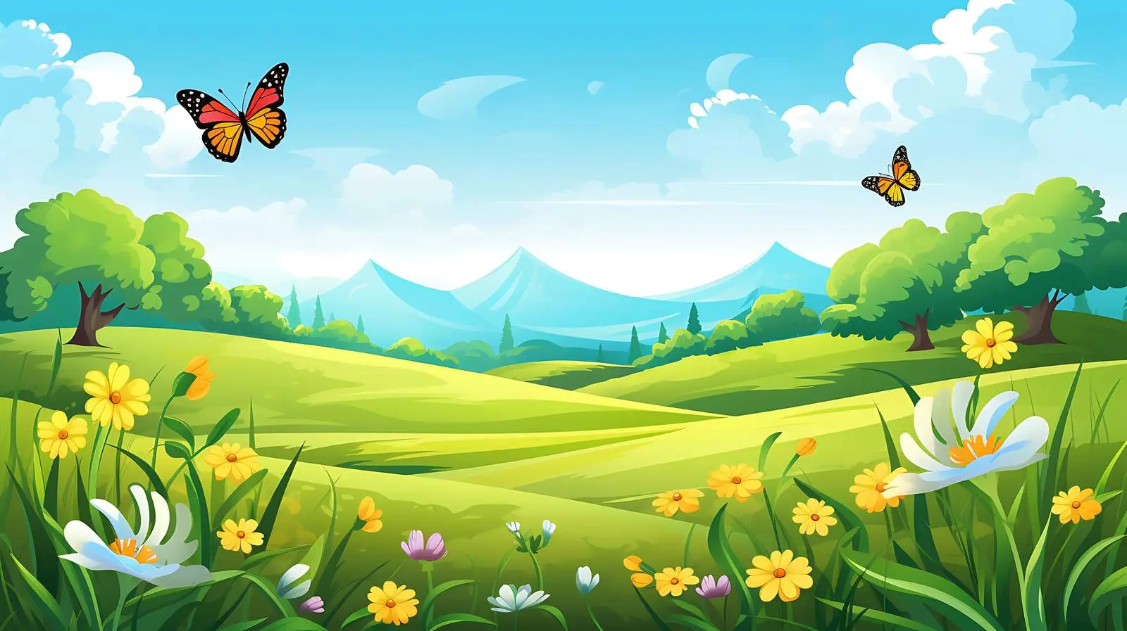 Spring Landscape with Flowers and Butterfly — free download from Dotvec