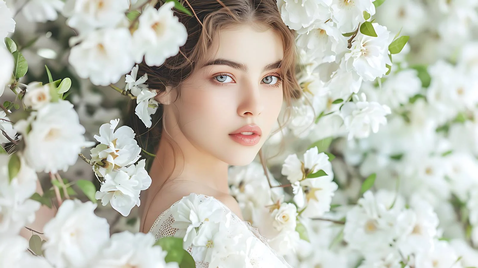 Elegant Spring Beauty in White Dress Pose — free download from Dotvec
