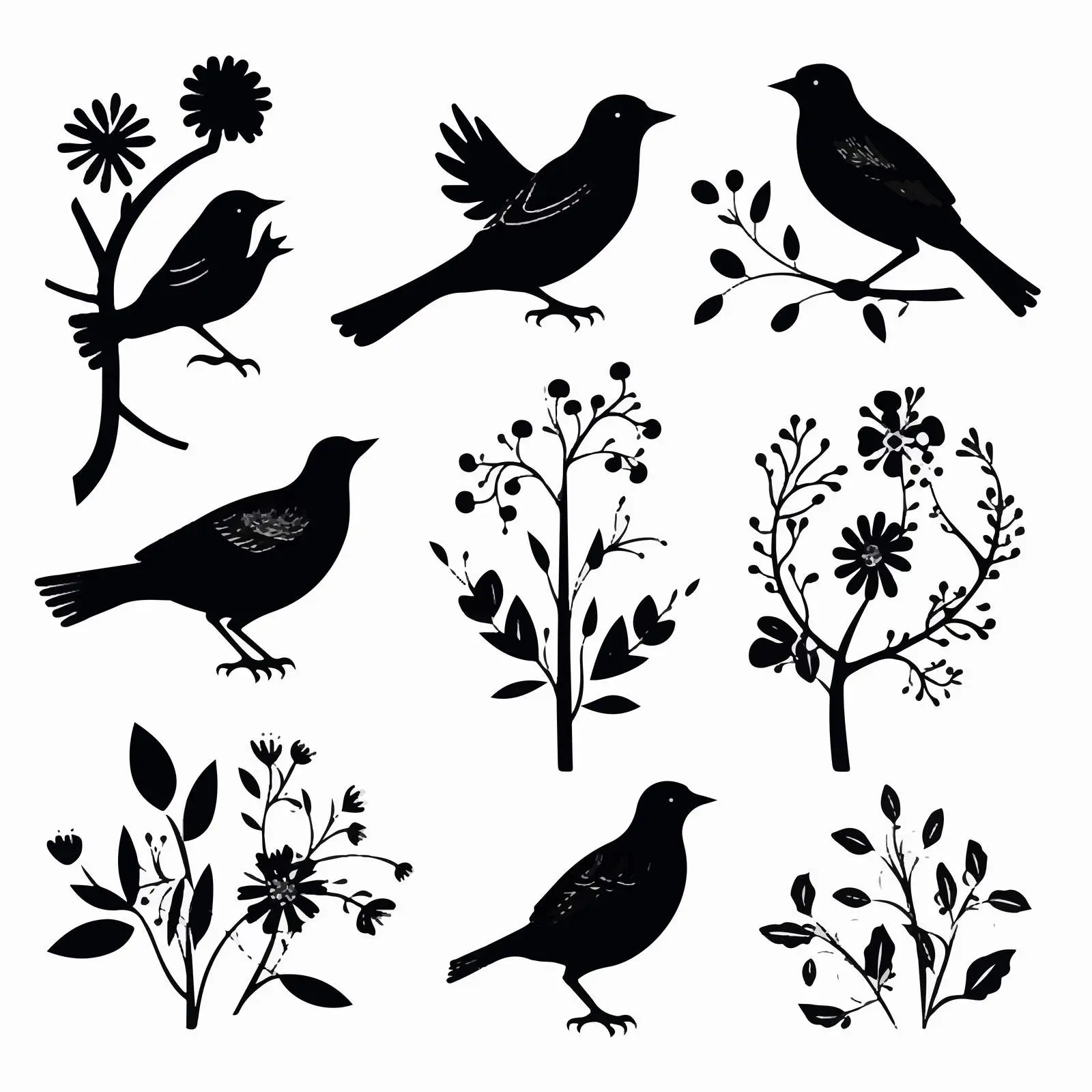 Spring Summer Bird and Flower Silhouettes Set — free download from Dotvec