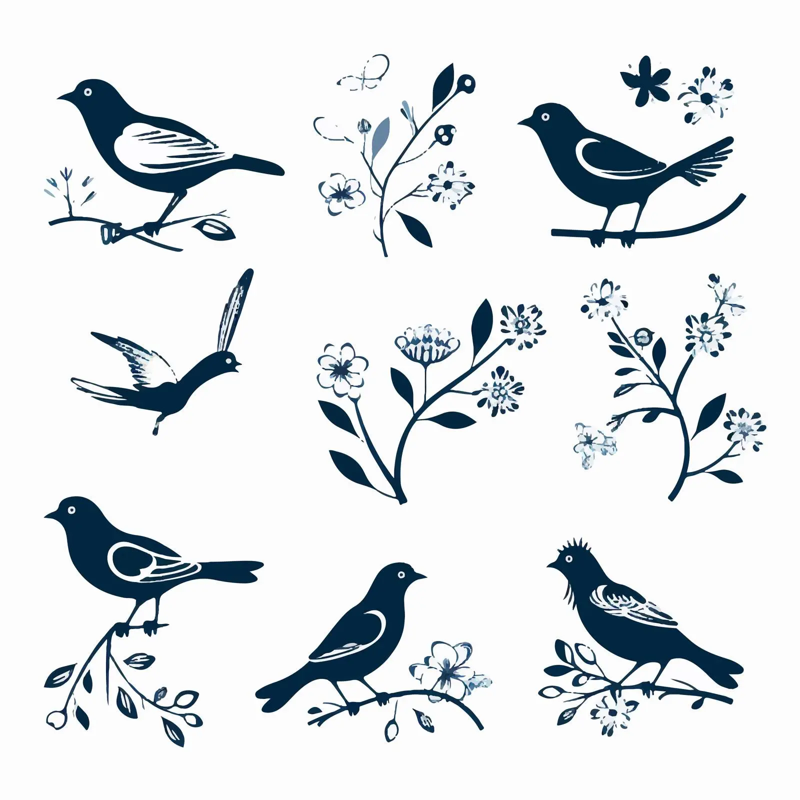 Spring Summer Bird and Flower Silhouettes Set — free download from Dotvec