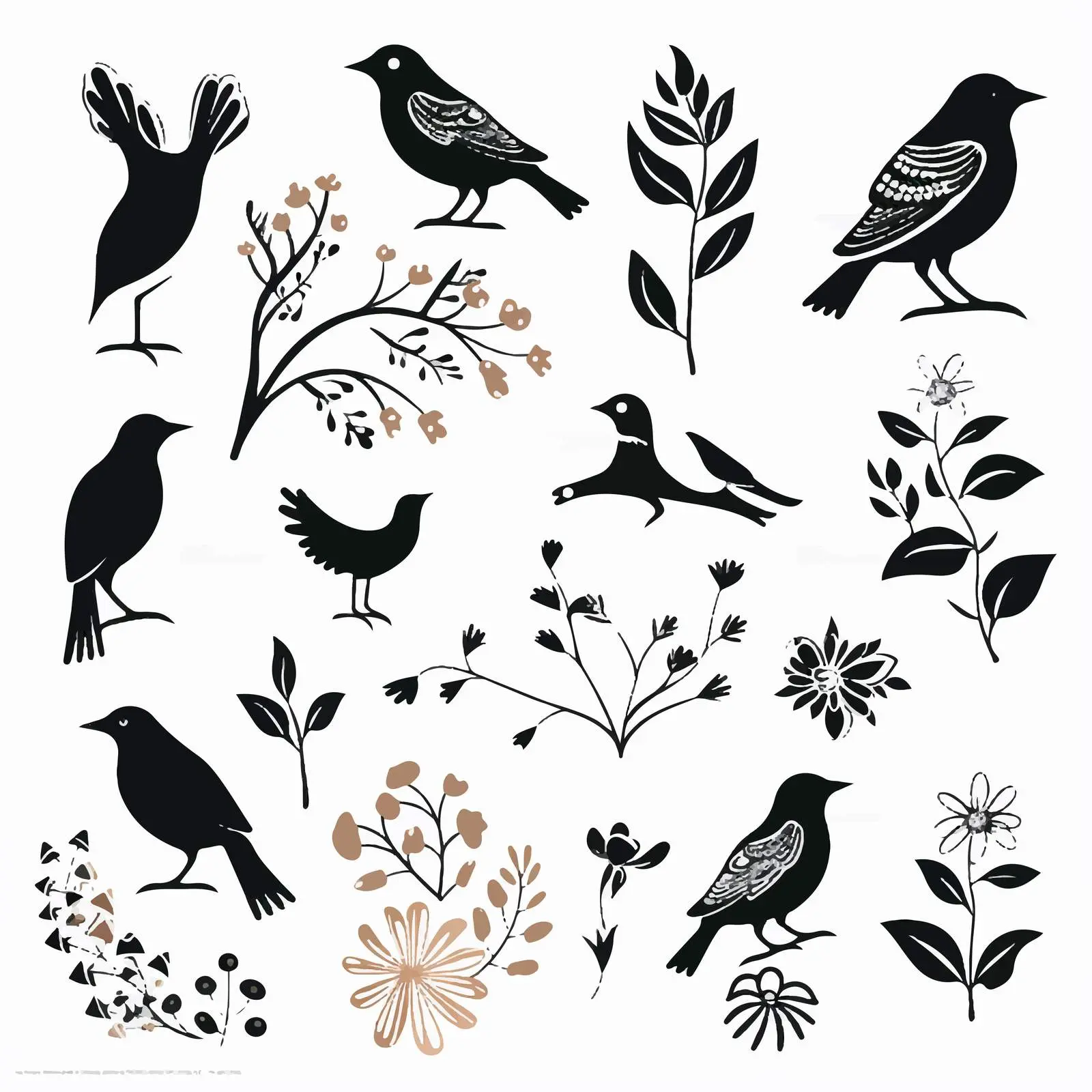 Spring Summer Bird and Flower Silhouettes Vector Set — free download from Dotvec