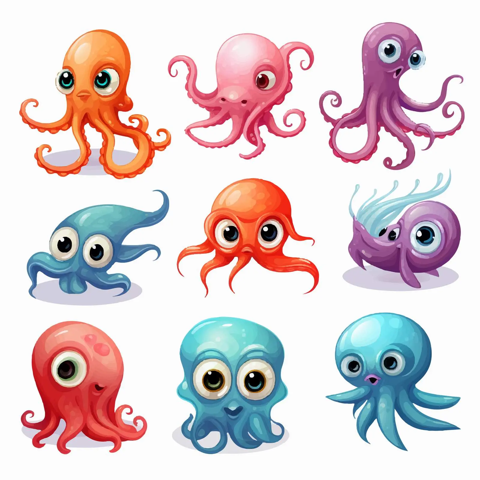 Cartoon Squid Characters Vector Illustration Set – free unique characters image from Dotvec