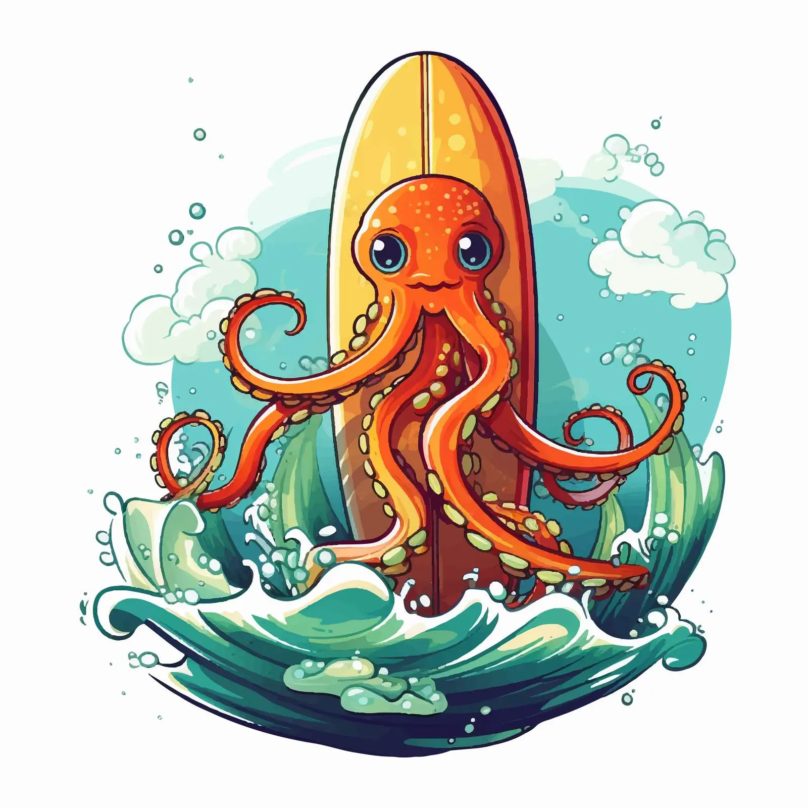 Squid Riding a Surfboard with Ocean Waves Illustration — free download from Dotvec