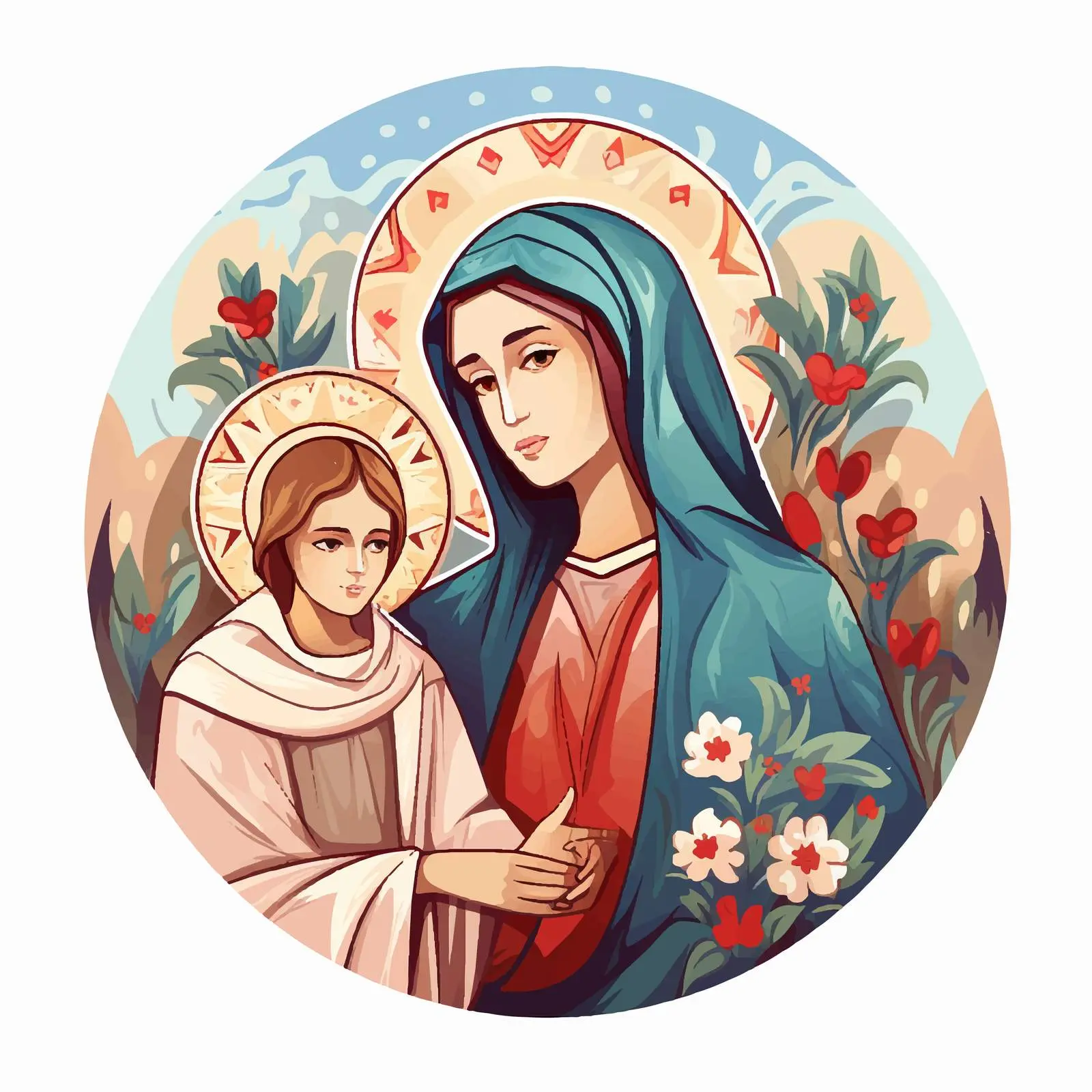 St. Maria and Kind Jesus Fresco Illustration – free pastoral scene image from Dotvec