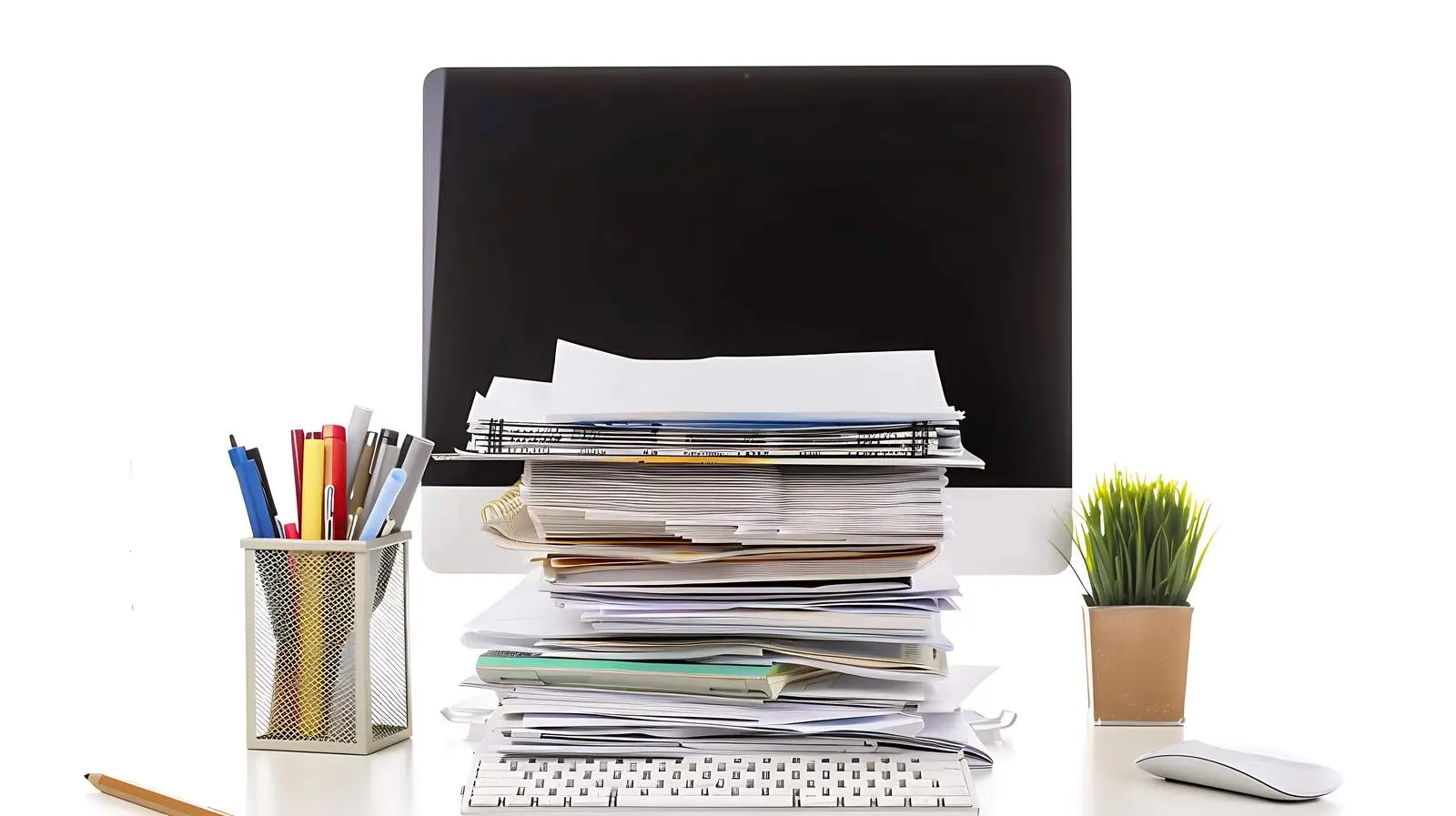 Desk Setup with Papers and Computer on White Background — free download from Dotvec