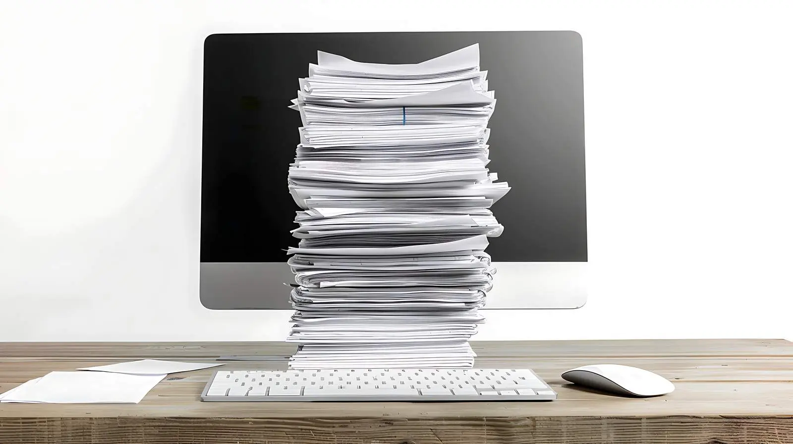 Workspace with Papers and Computer on White Desk — free download from Dotvec