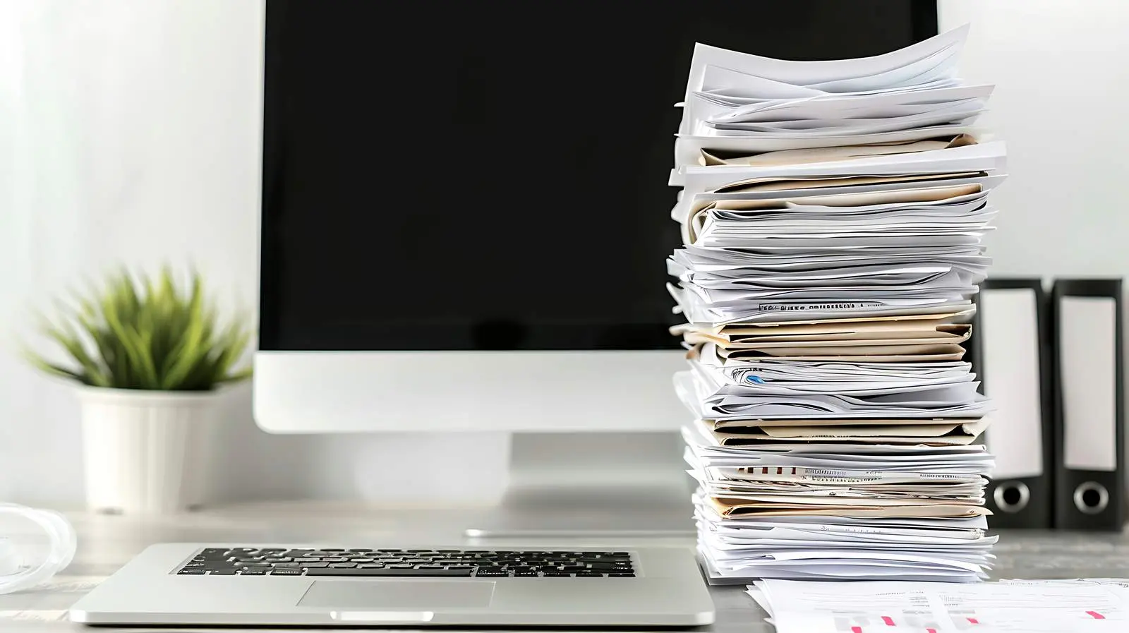 Desk with Papers and Computer on White Background — free download from Dotvec