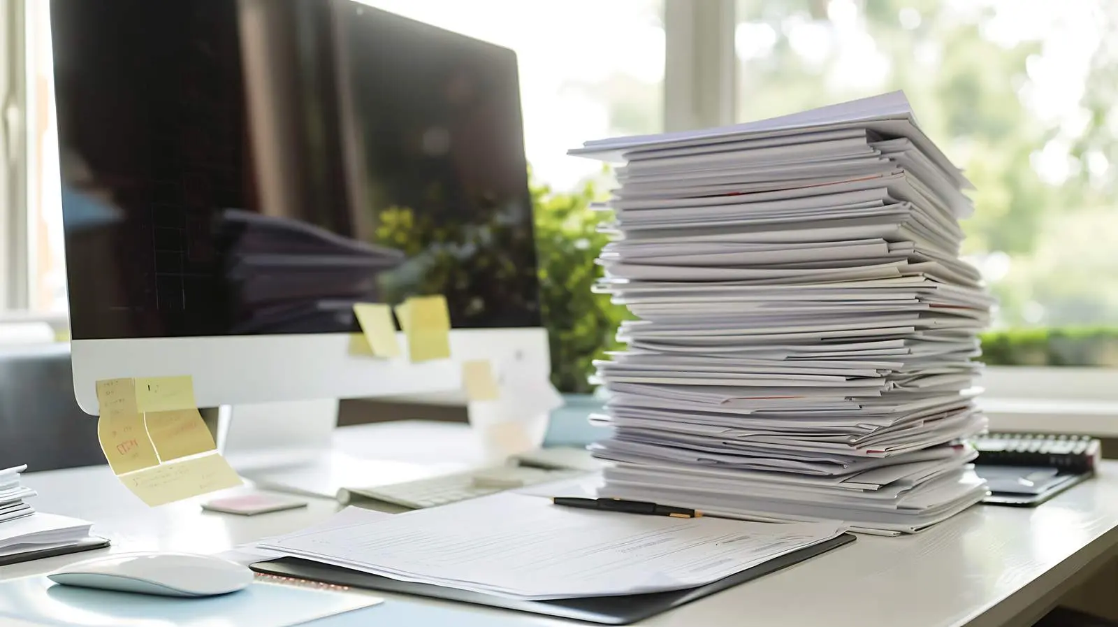 Desk Setup with Papers and Computer on White Background — free download from Dotvec