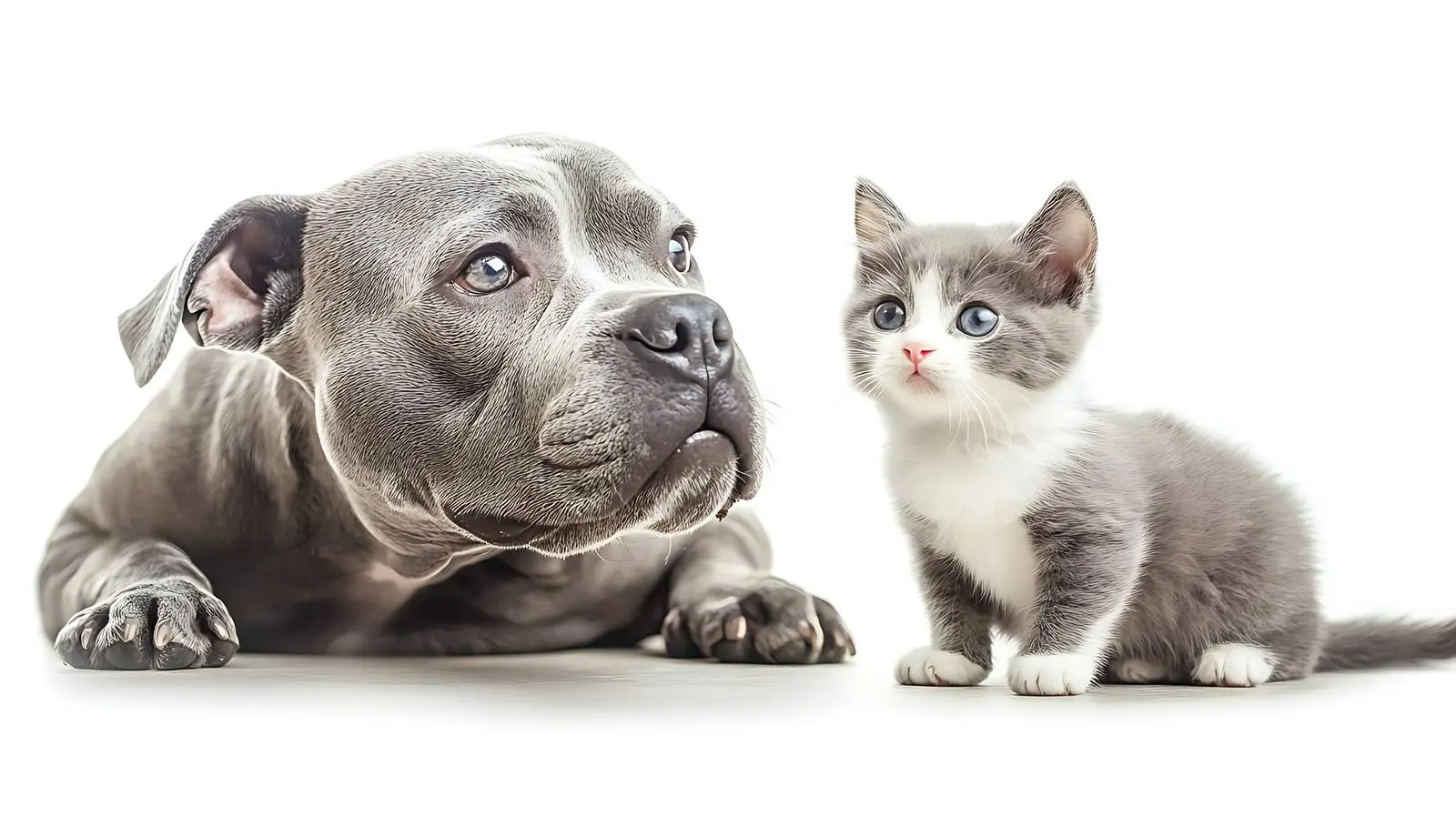 Staffordshire Terrier and Playful Kitten Interaction – free kitten antics image from Dotvec