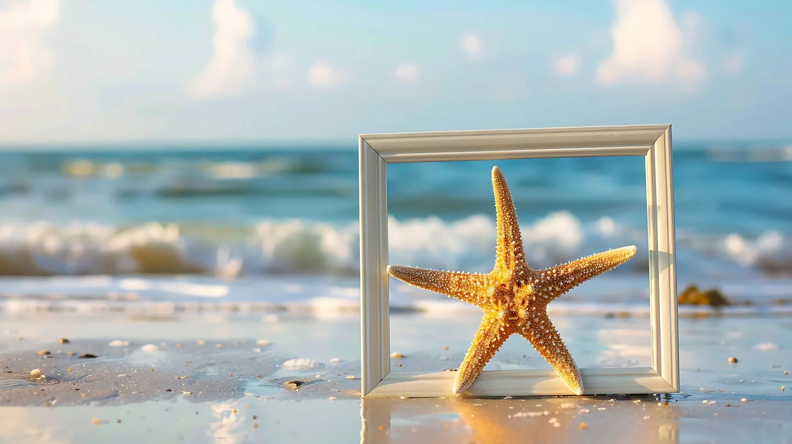 Starfish presenting ornate frame on sandy shore — free download from Dotvec