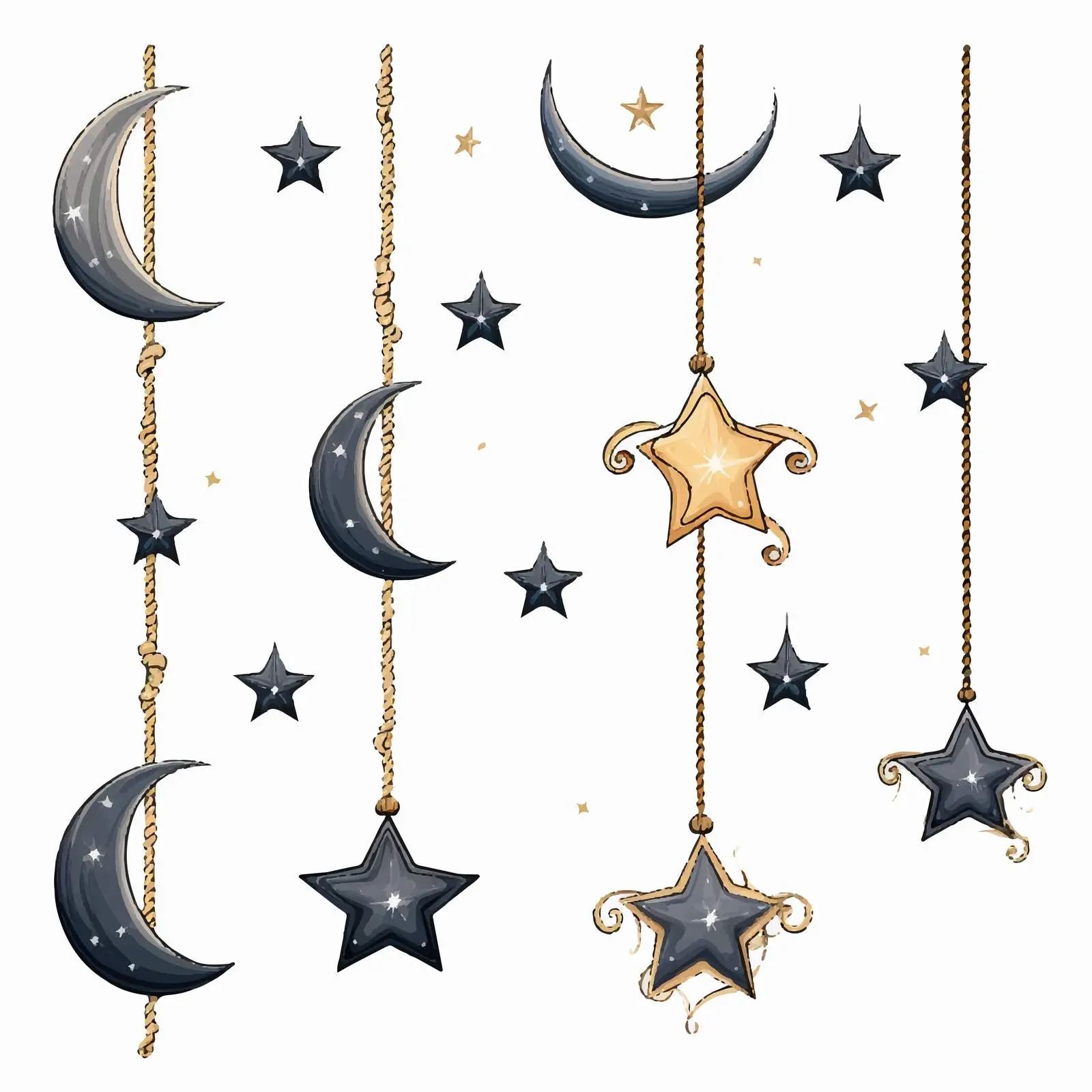 Stars and Moon Hanging on a Rope Vector – free cosmic image from Dotvec