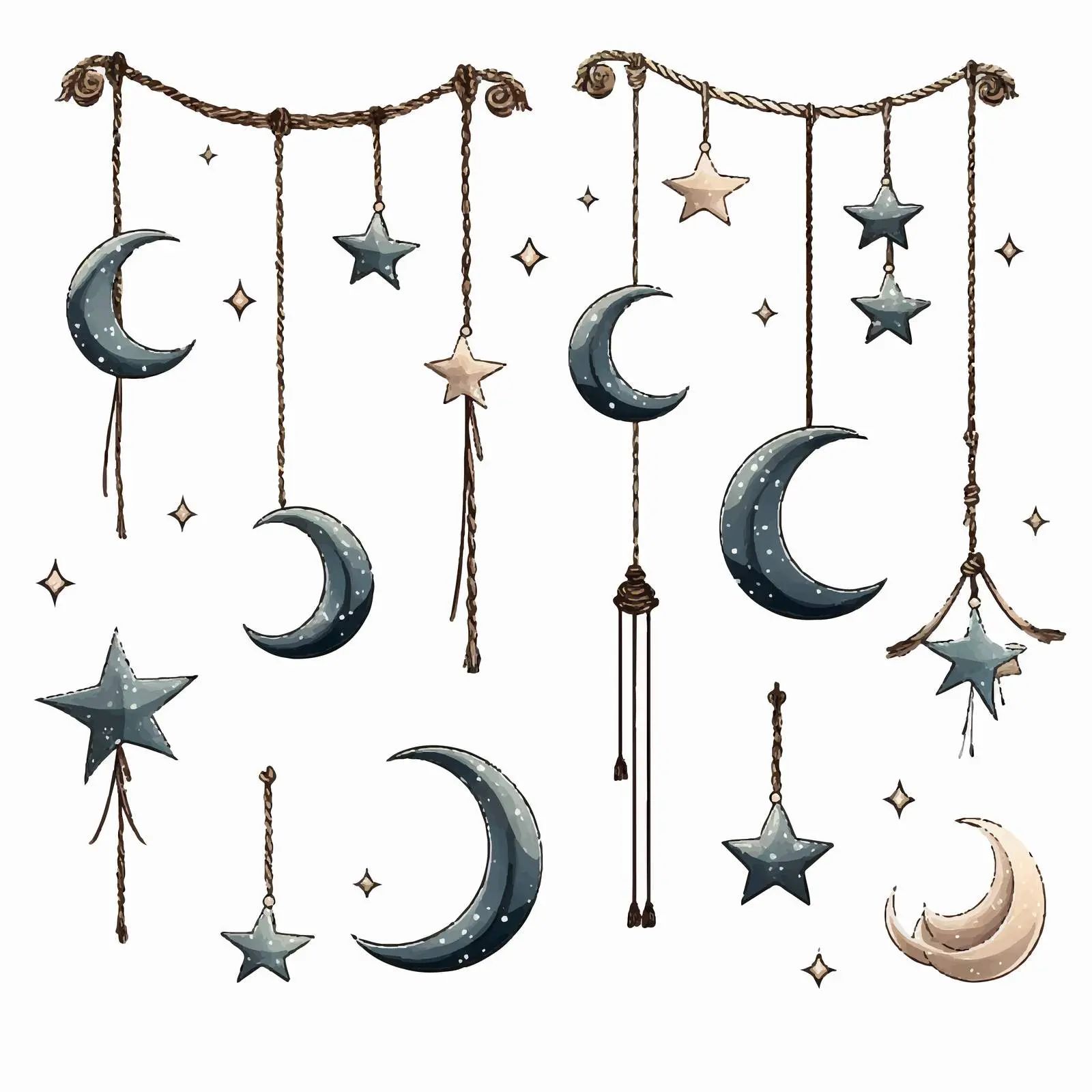 Moon and Stars Hanging on Rope Illustration — free download from Dotvec