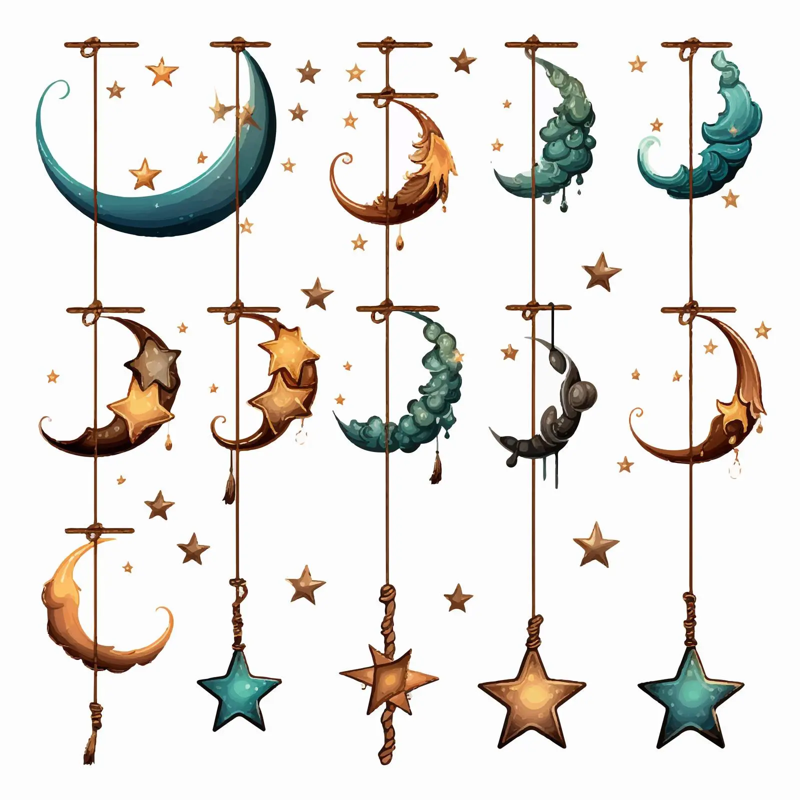 Stars and Moon Hanging on a Rope Illustration — free download from Dotvec
