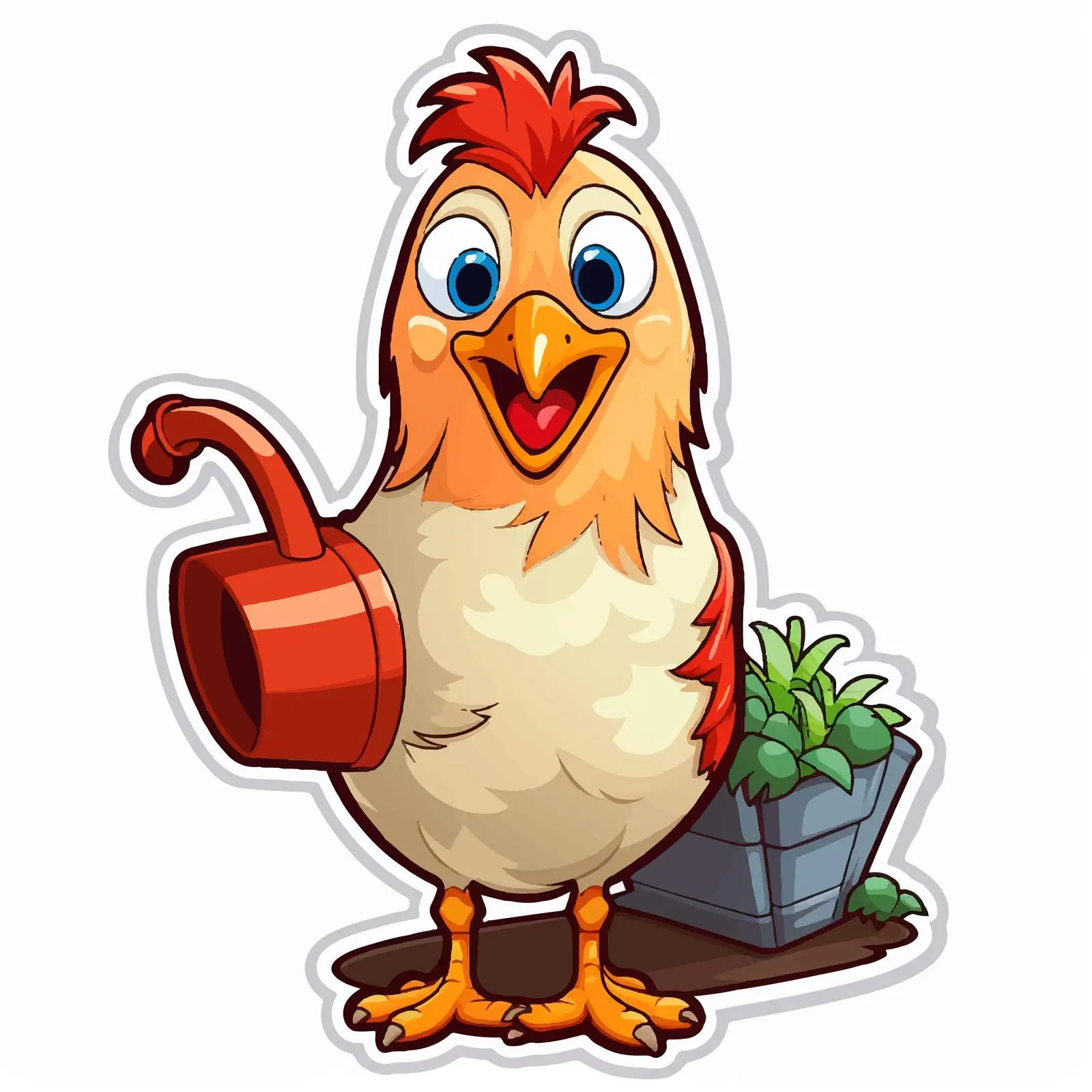 Cartoon Chicken with Watering Can Vector Sticker — free download from Dotvec