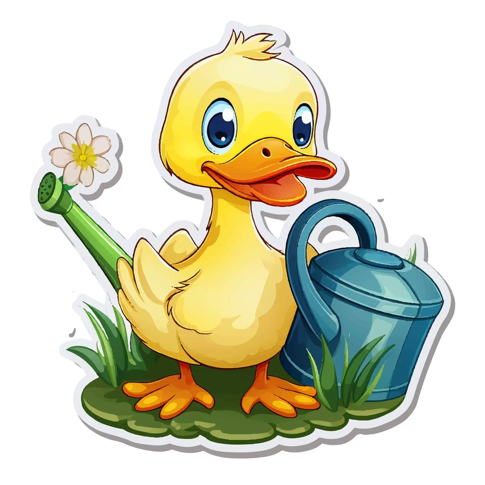 Cartoon Duck with Watering Can Vector Sticker — free download from Dotvec