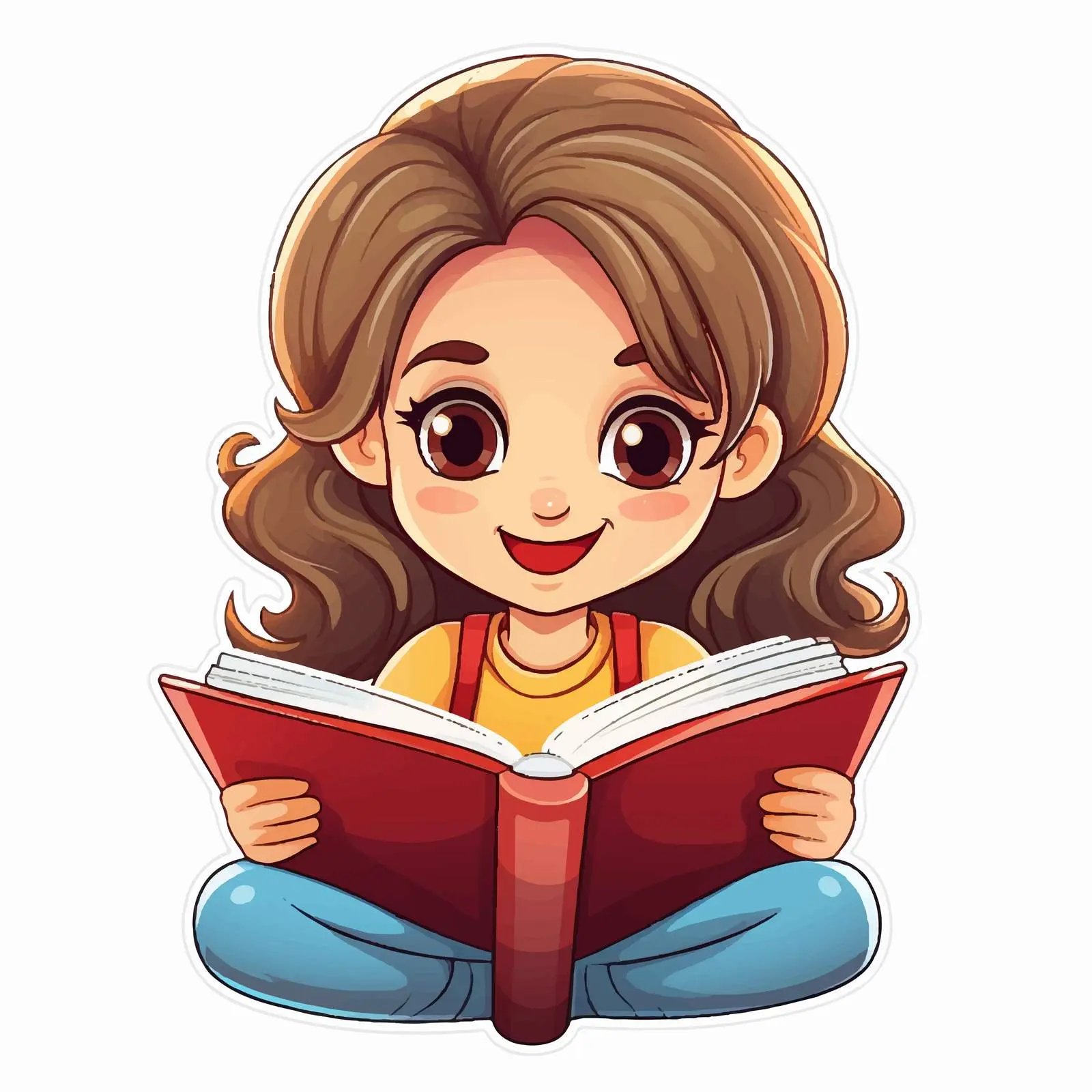 Girl Reading Book Cartoon Sticker Template — free download from Dotvec