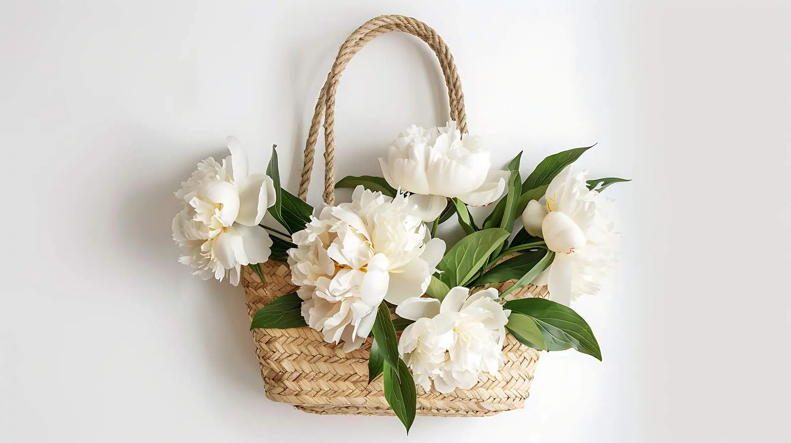 Straw Bag with White Peony Flowers – free peony flowers image from Dotvec