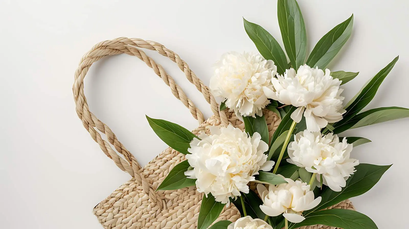 Straw Bag with White Peony Flowers – free peony flowers image from Dotvec