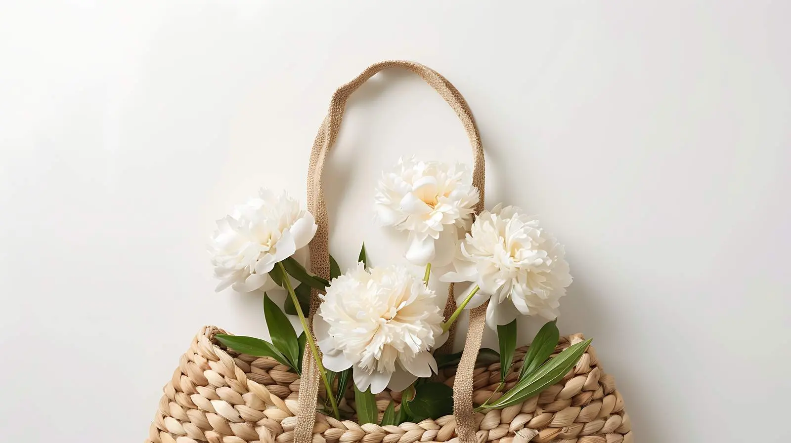 Straw Bag with White Peony Flowers — free download from Dotvec