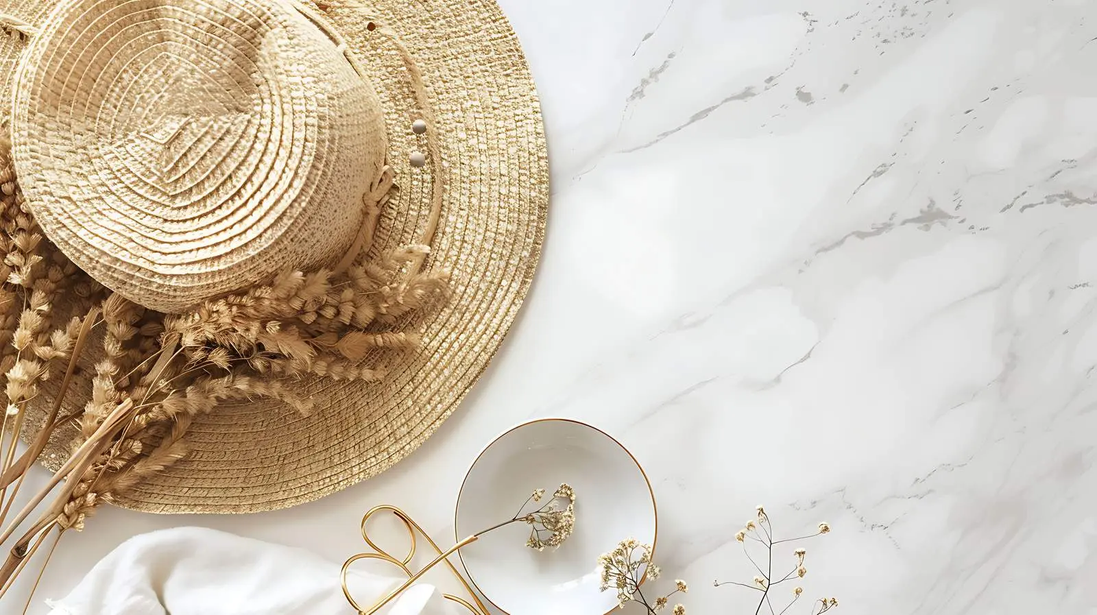 Stylish Straw Hat with Gold Accessories on Marble — free download from Dotvec