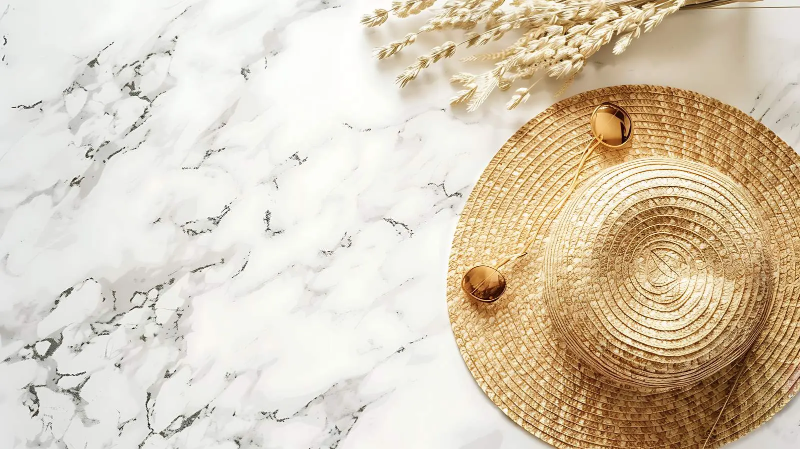 Straw Hat and Gold Accessories on Marble Table — free download from Dotvec