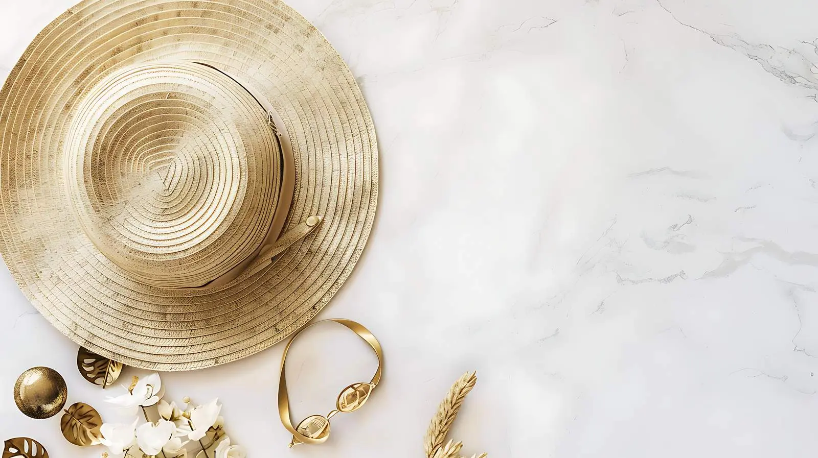 Straw Hat with Gold Accessories on Marble Table — free download from Dotvec