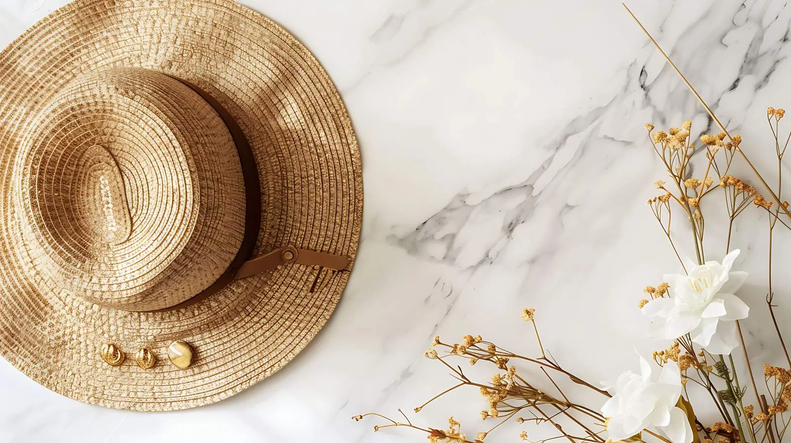 Straw Hat and Gold Accessories on Marble Table — free download from Dotvec