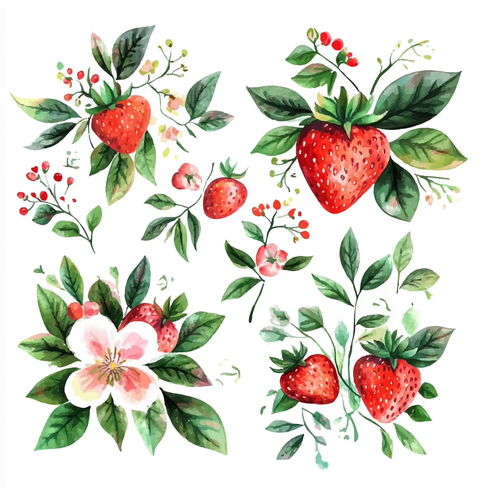 Set of Strawberry Flower Bouquets in Watercolor — free download from Dotvec