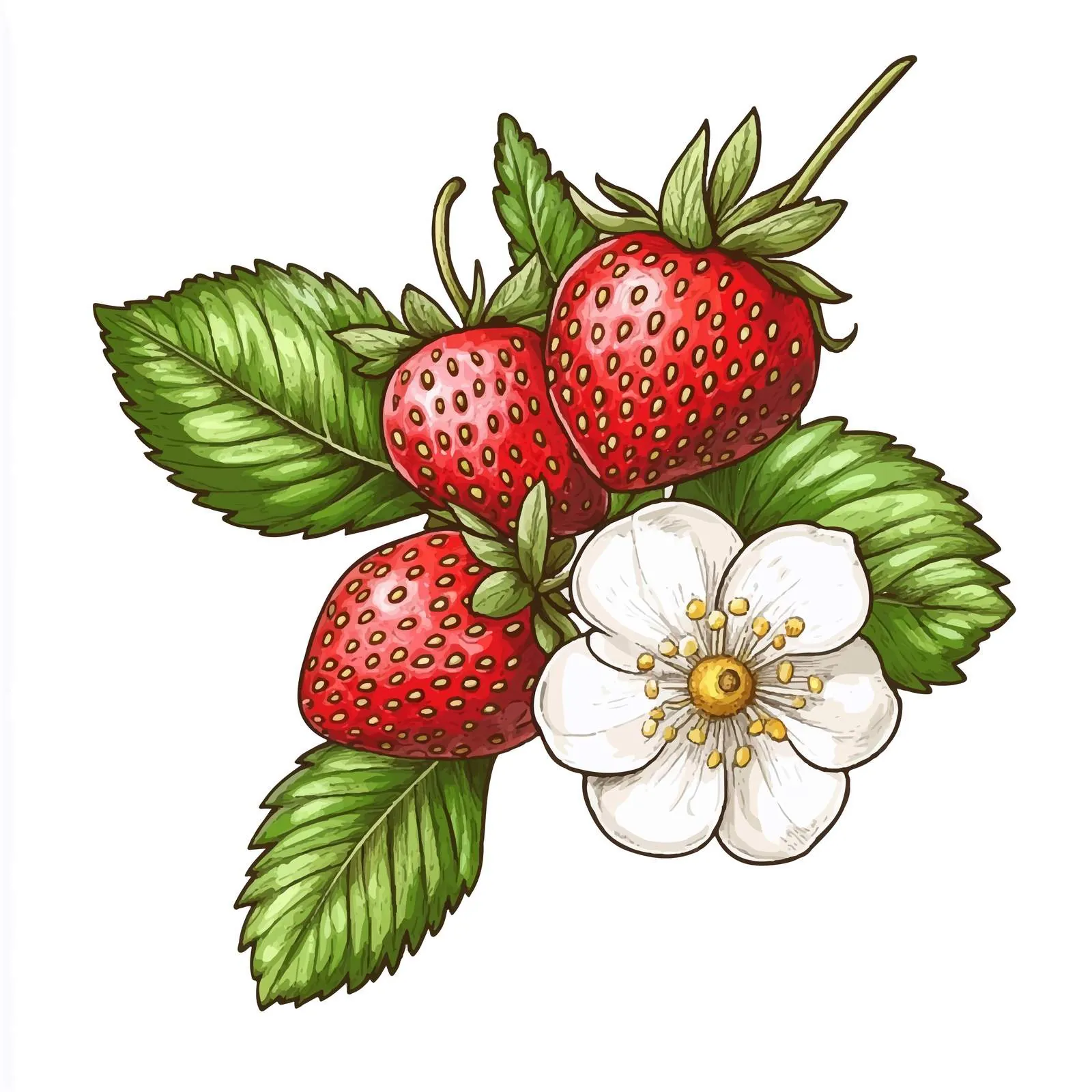 Fresh Strawberry Branch with Ripe Berries and Flowers — free download from Dotvec