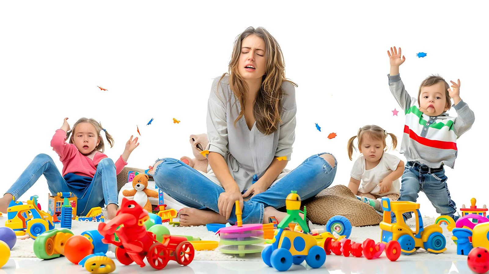 Overwhelmed mother surrounded by toys — free download from Dotvec