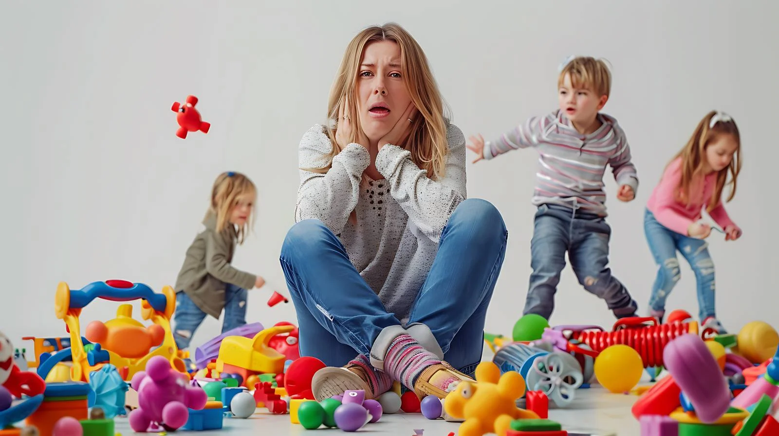 Overwhelmed Mother Amidst Toys — free download from Dotvec