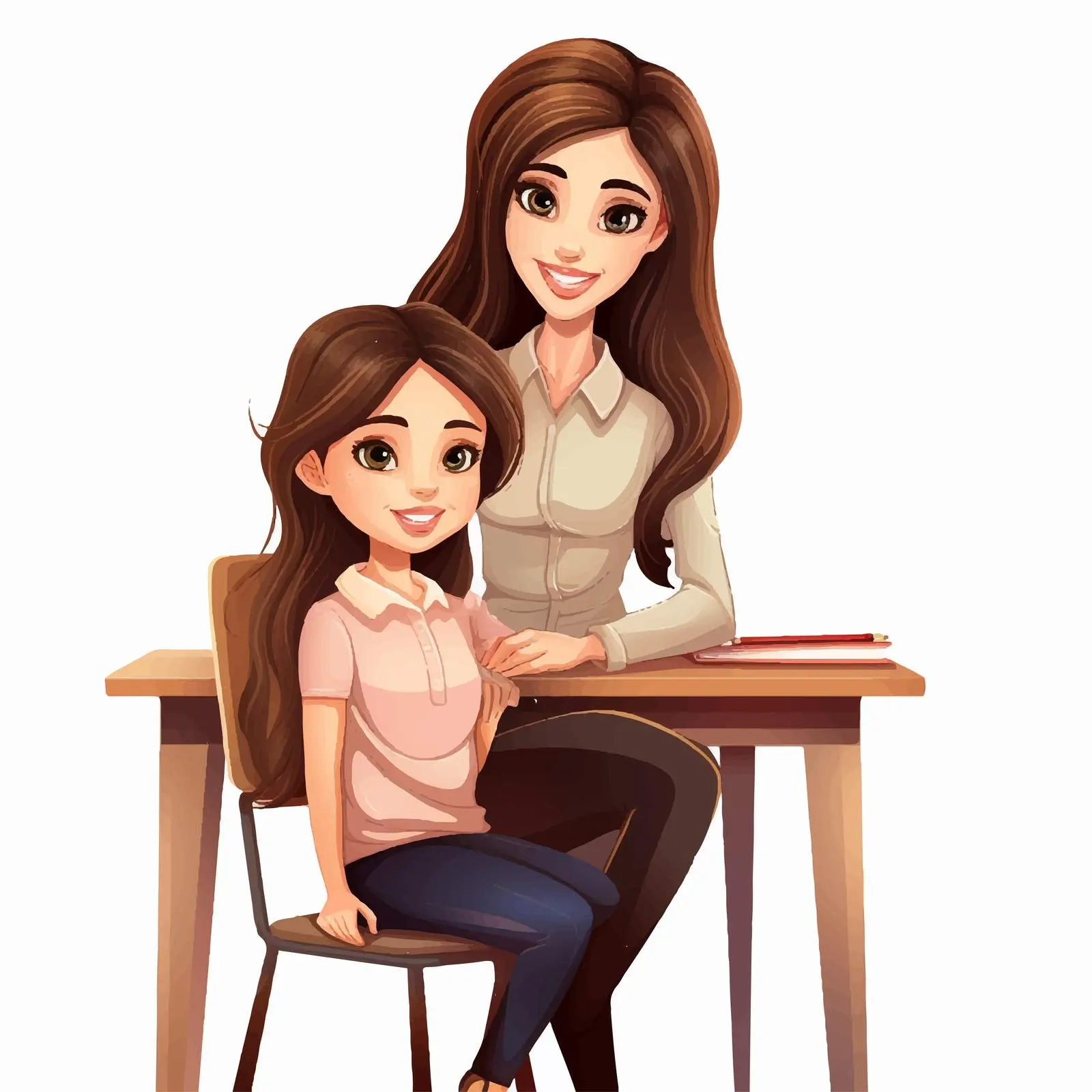 Student Girl at School Desk with Teacher Cartoon — free download from Dotvec