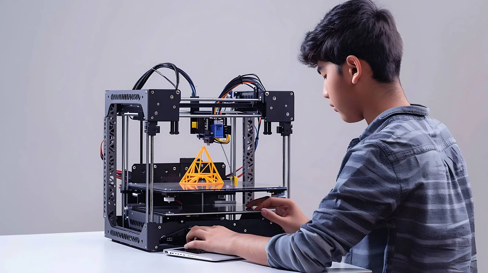Student Setting Up 3D Printer with Laptop — free download from Dotvec