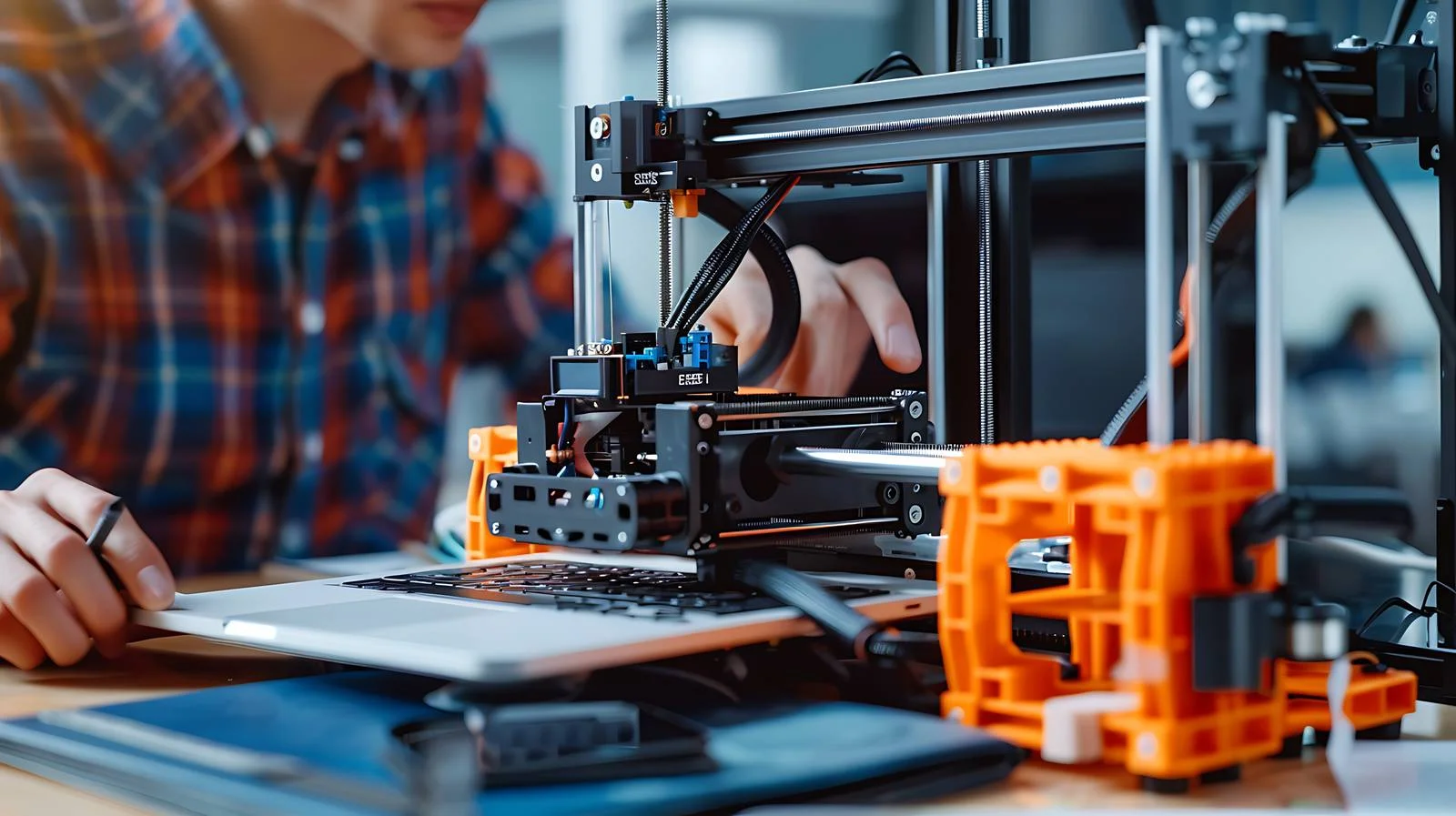 Student assembling 3D printer with laptop — free download from Dotvec