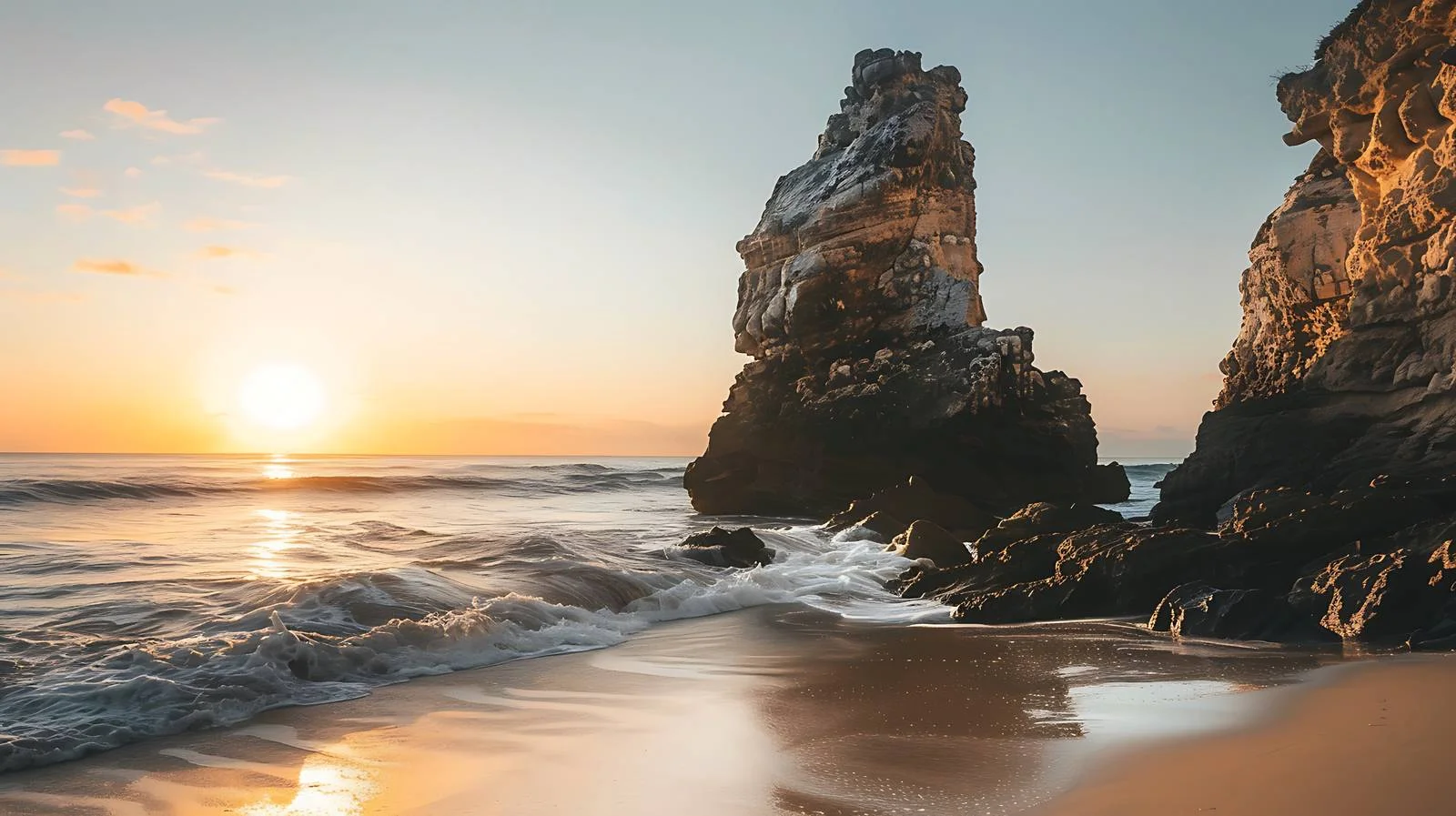 Golden light on Praia do Lourical's breathtaking sea stack — free download from Dotvec