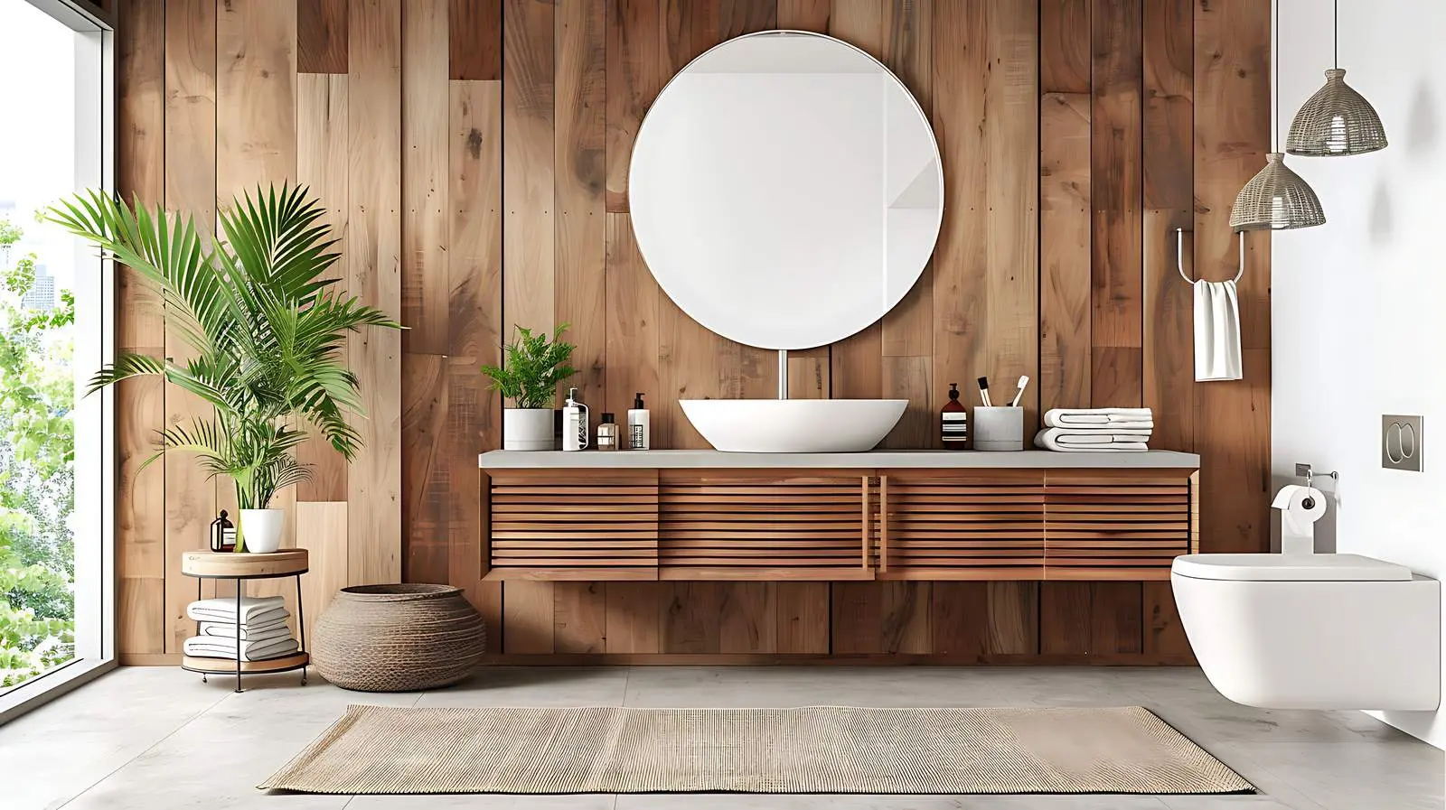 Modern Bathroom with Wooden Wall Design – free bathroom decor image from Dotvec