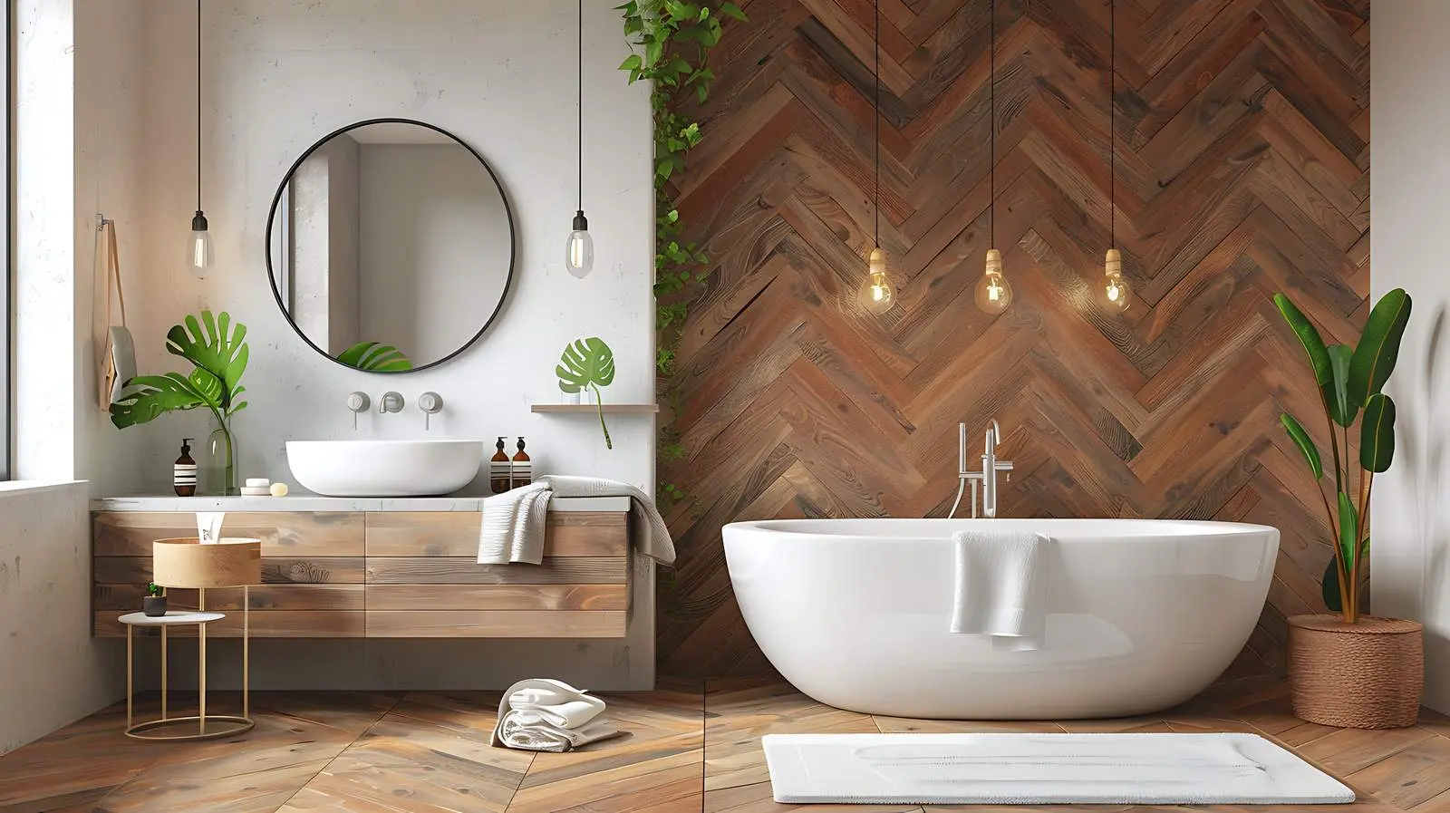 Modern Stylish Bathroom with Wooden Wall — free download from Dotvec
