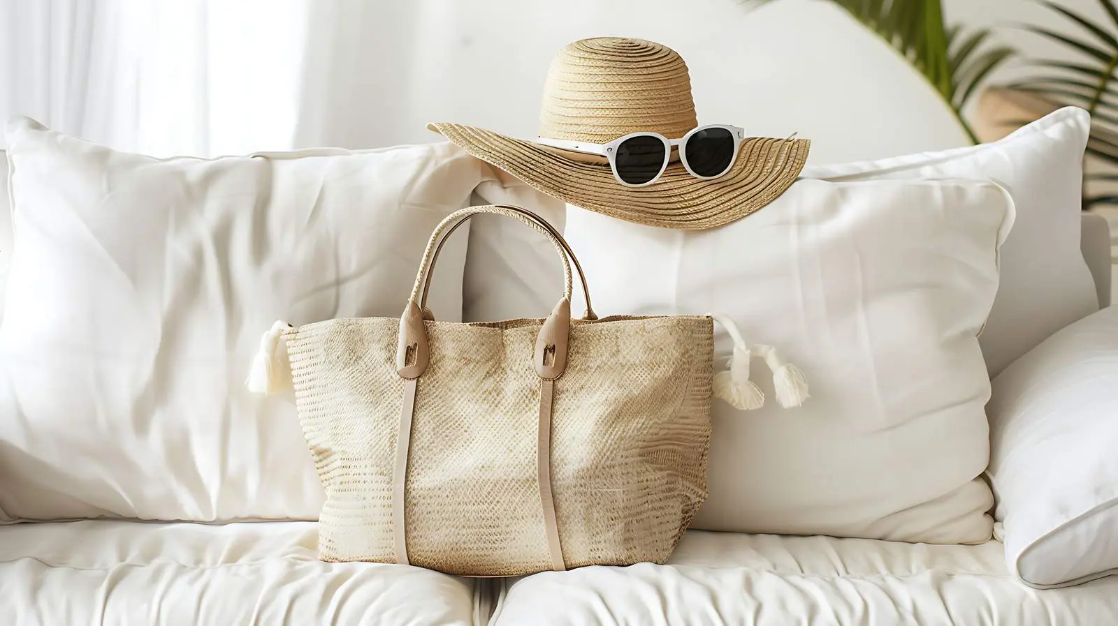 Chic Female Sunglasses with Straw Hat and Shopper Bag – free icon image from Dotvec