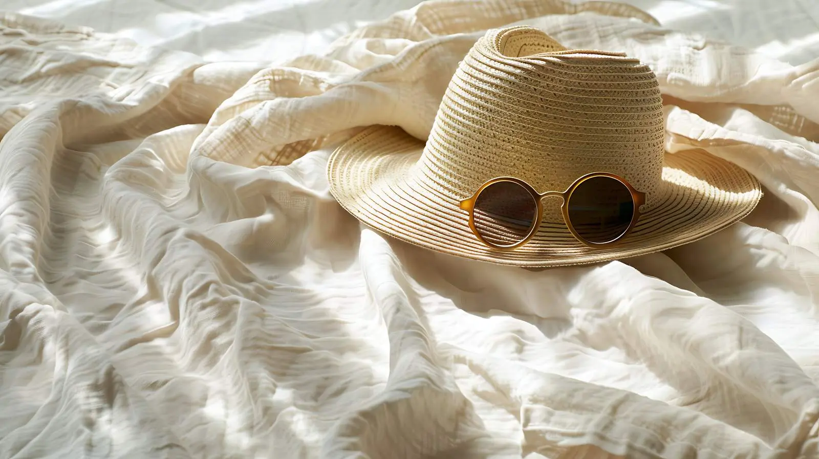 Stylish Straw Hat with Sunglasses on Linen — free download from Dotvec