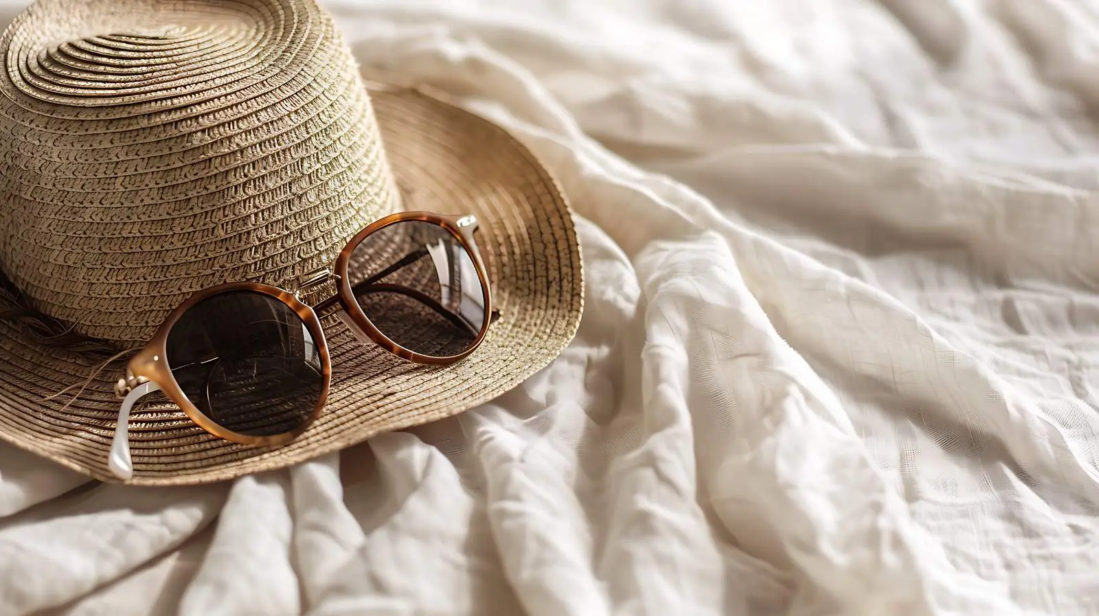 Stylish Straw Hat and Sunglasses on Linen — free download from Dotvec