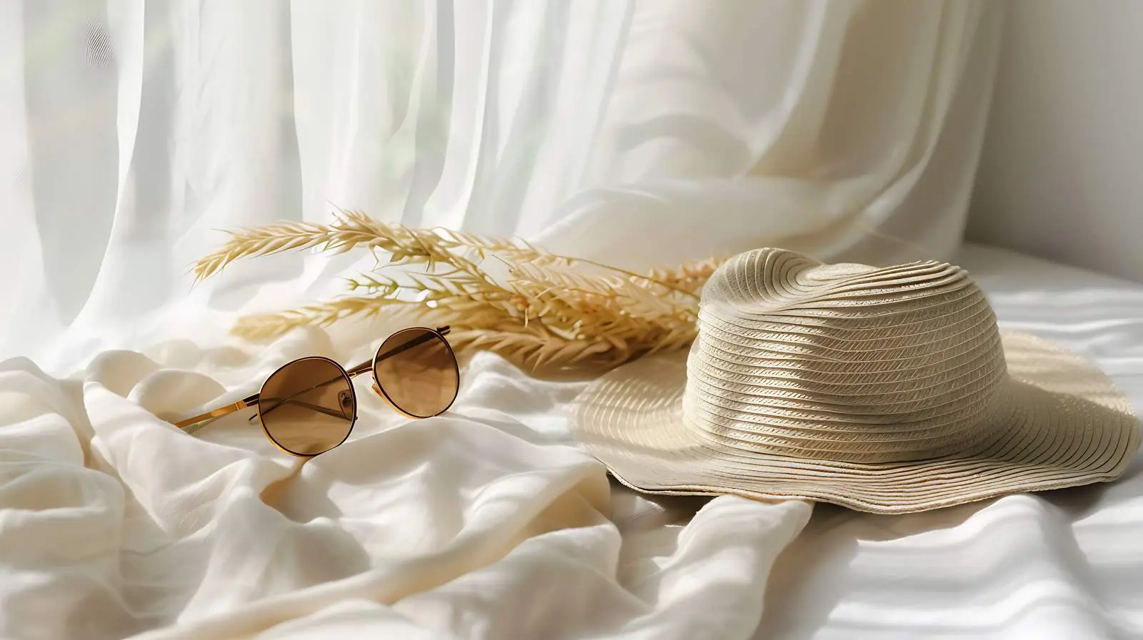 Stylish Straw Hat and Sunglasses on Linen – free trendy eyewear image from Dotvec