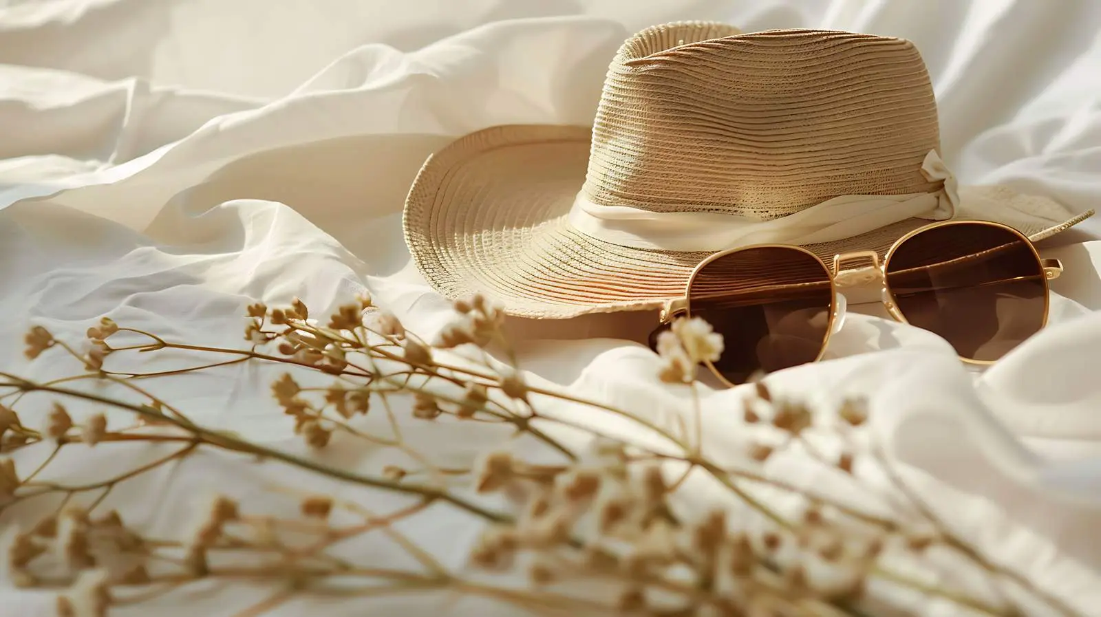 Stylish Straw Hat and Sunglasses on Linen — free download from Dotvec
