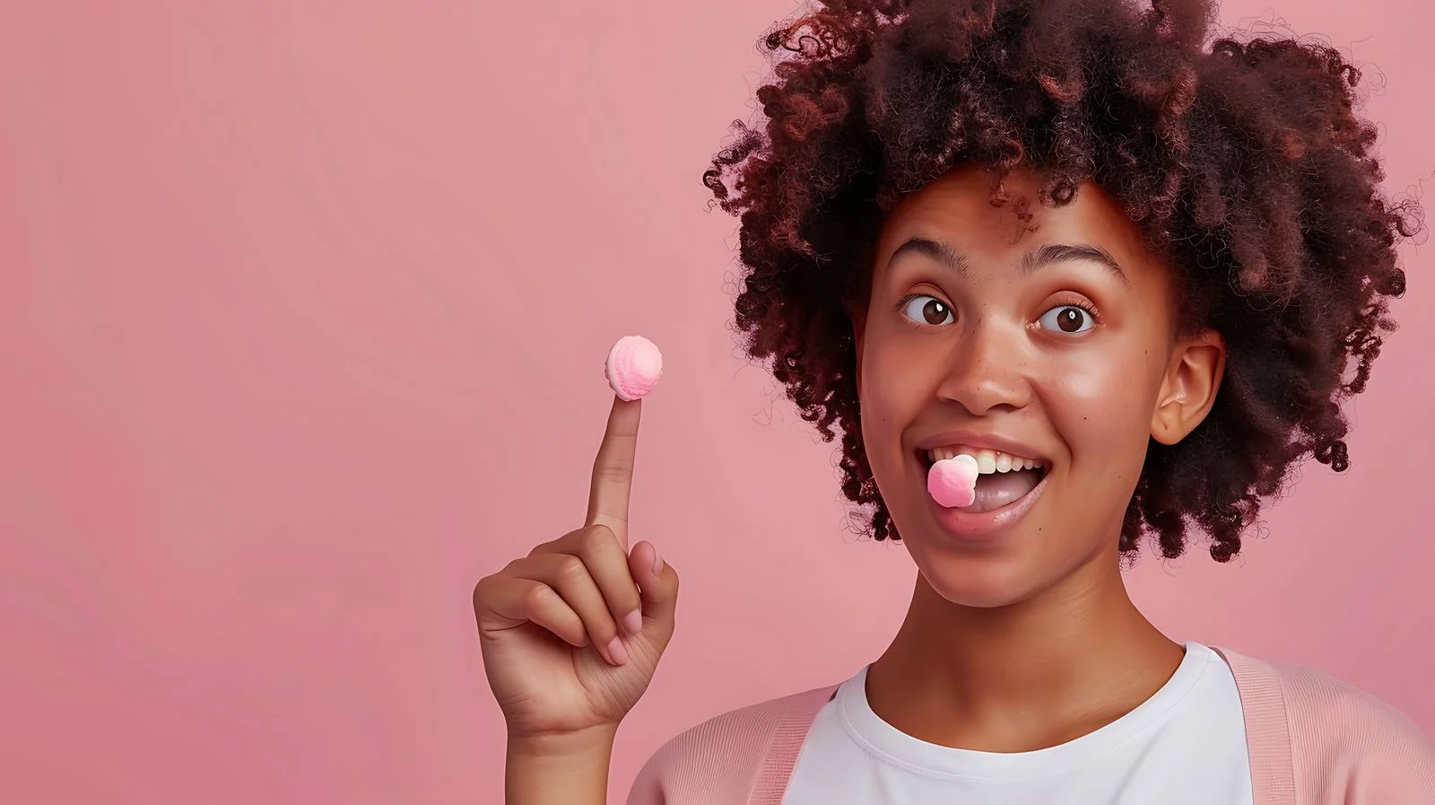 Confident Woman Pointing with Chewing Gum — free download from Dotvec