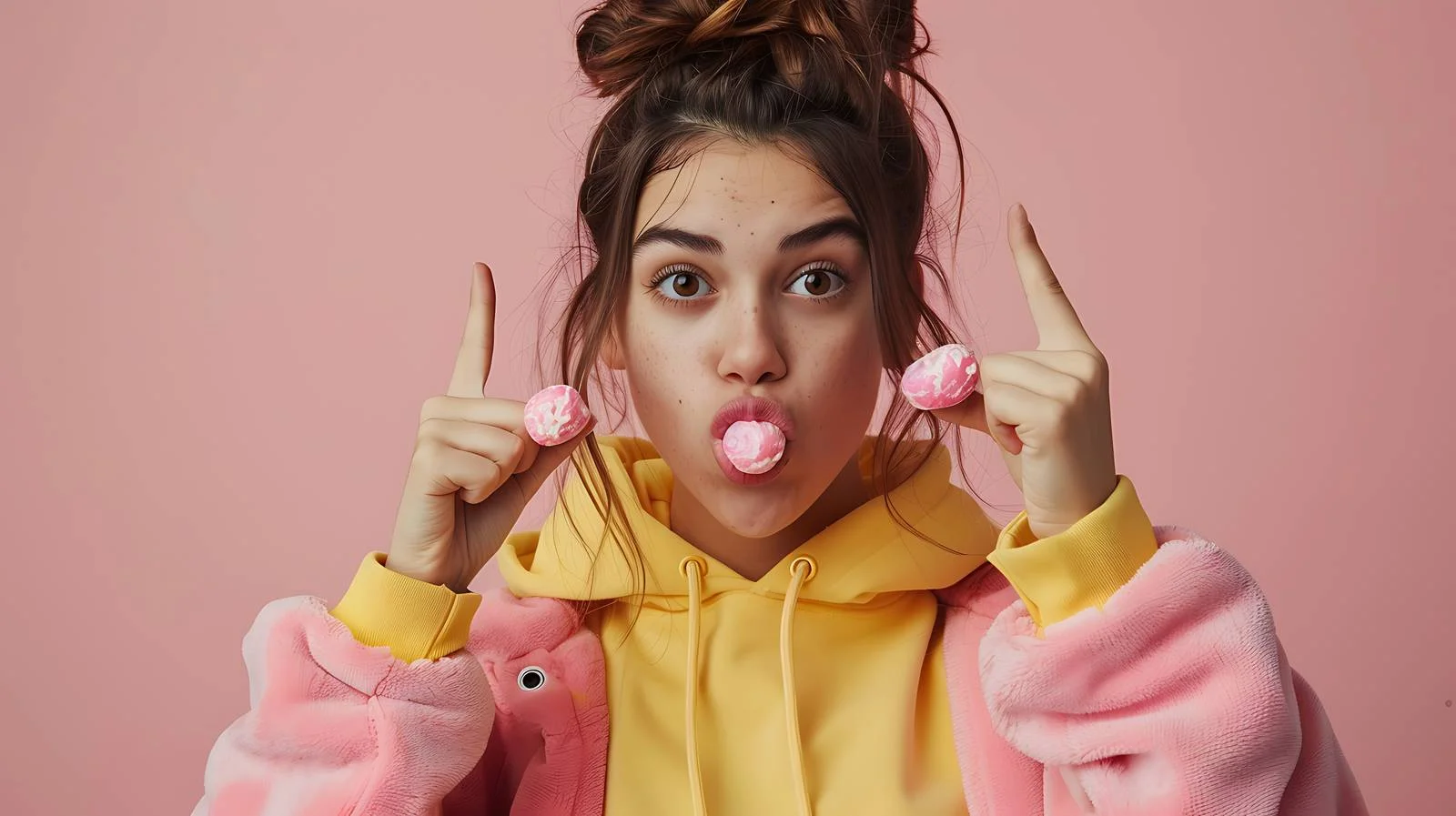 Chic Woman Pointing with Chewing Gum — free download from Dotvec