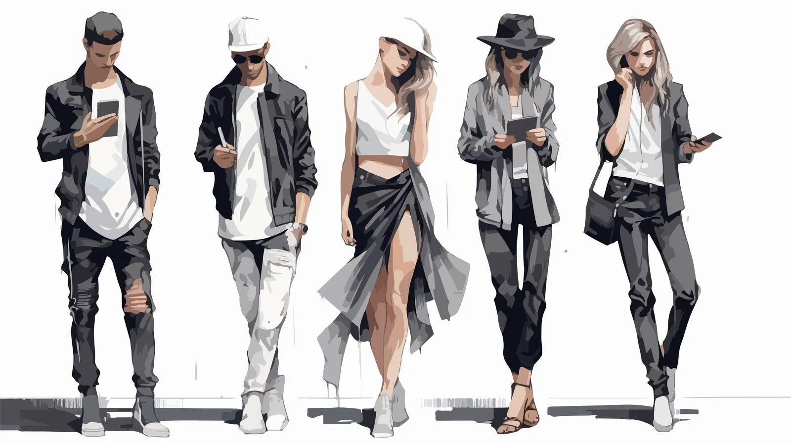 Urban Fashionistas with Gadgets in City Sketch — free download from Dotvec