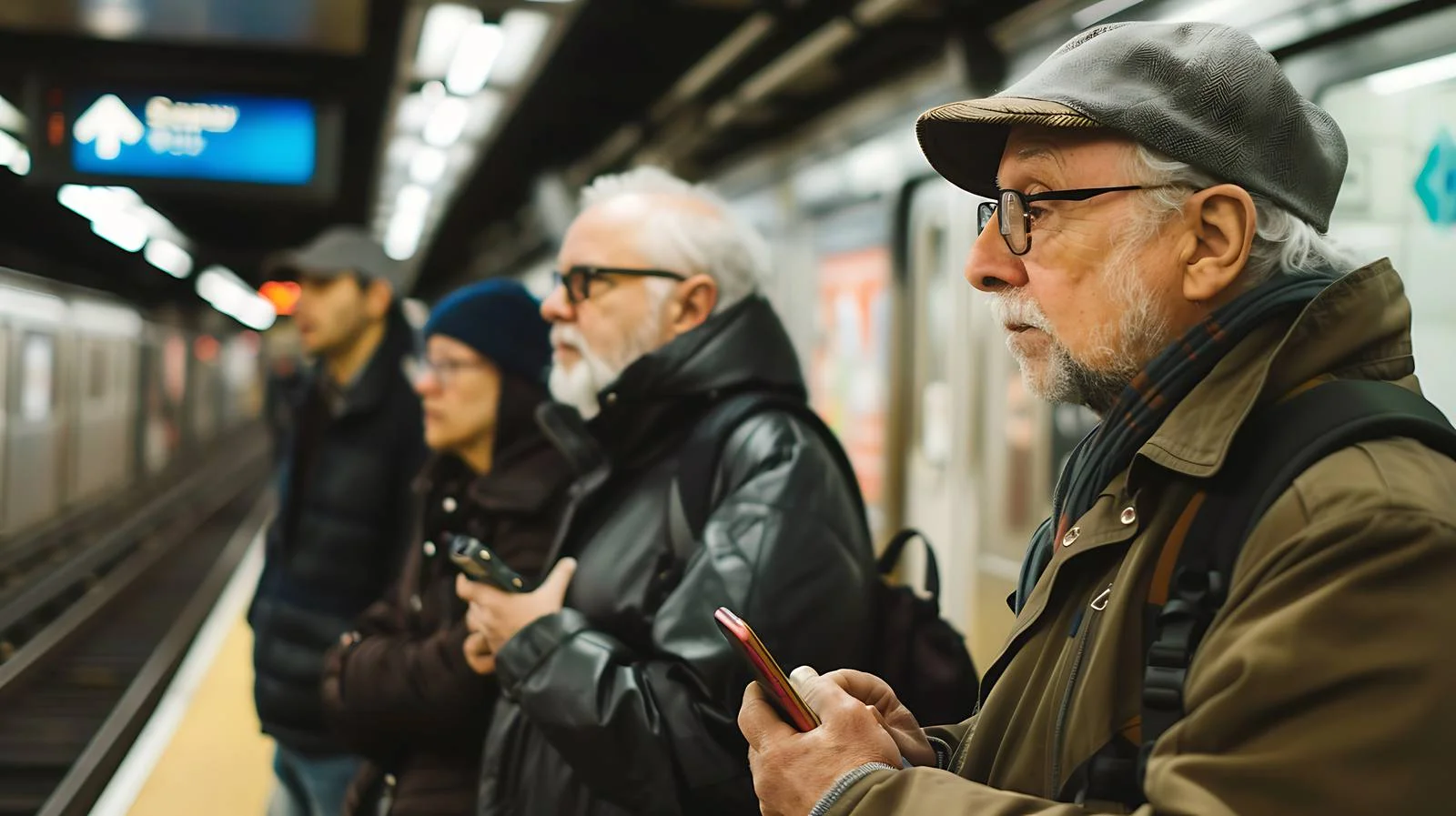 Middle-Aged Men Viewing Mobile Phone on Subway — free download from Dotvec