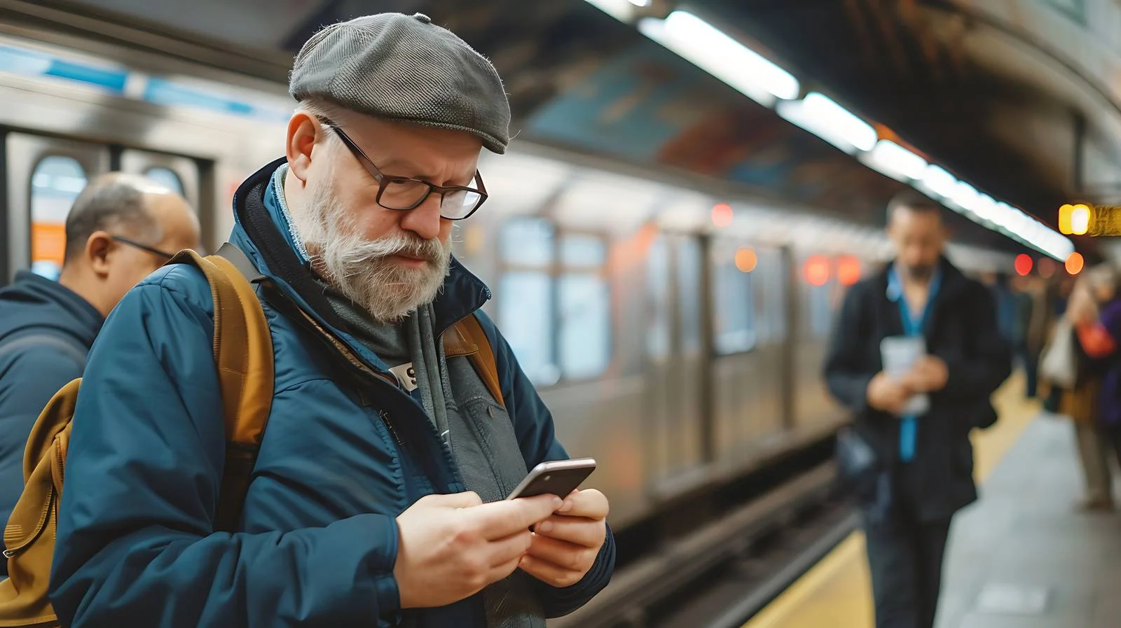 Middle-Aged Men Viewing Mobile Phone in Subway — free download from Dotvec