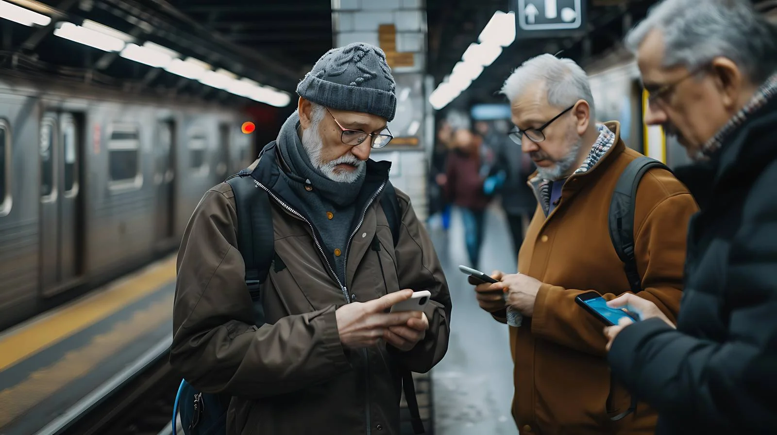 Middle-Aged Men Viewing Mobile Phone on Subway — free download from Dotvec