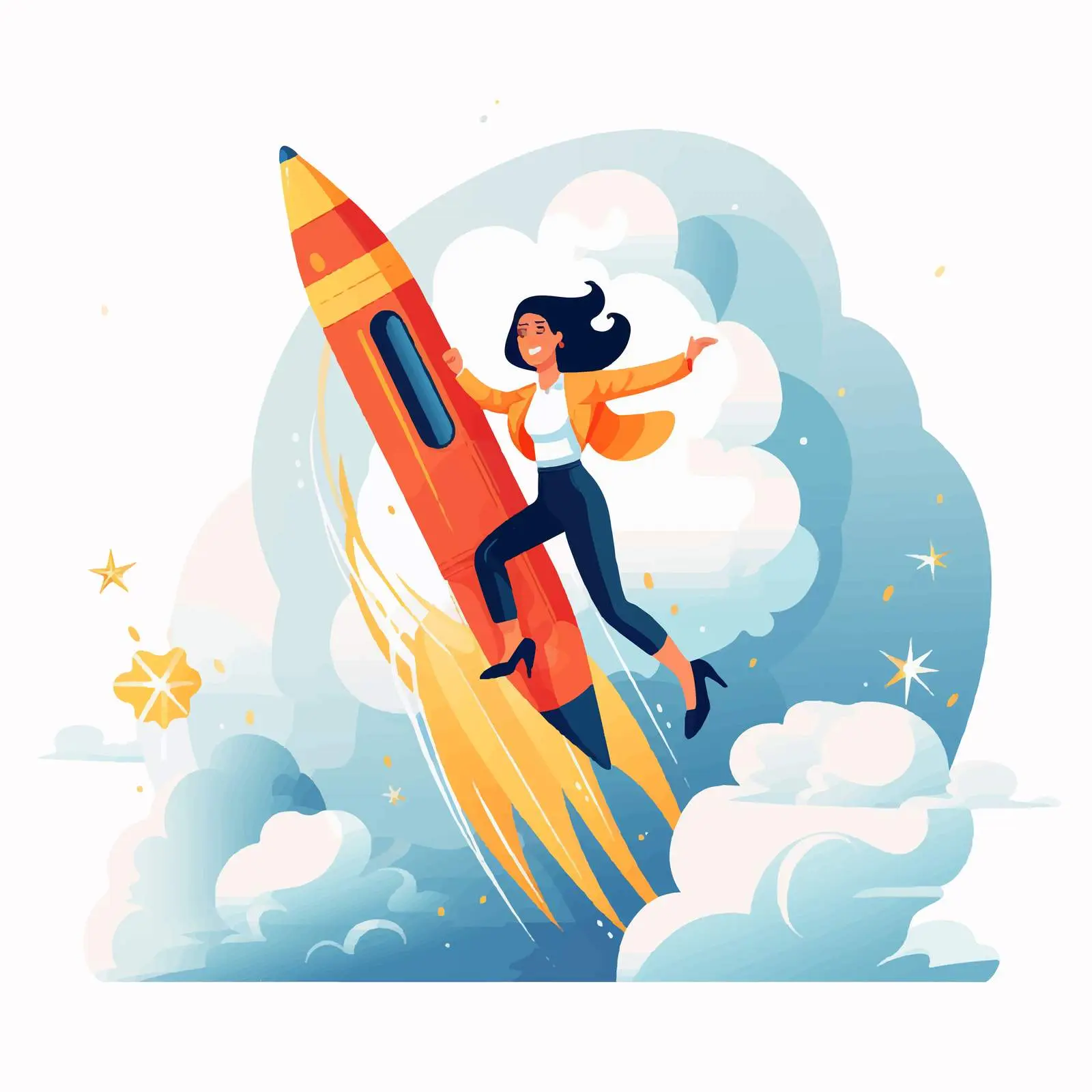 Woman Launching Business Startup on Rocket — free download from Dotvec