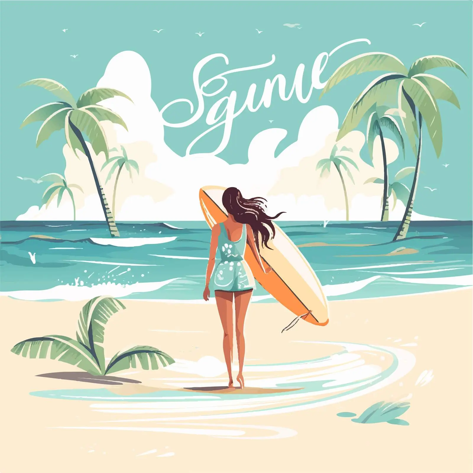 Summer Postcard Template with Beachwear Woman